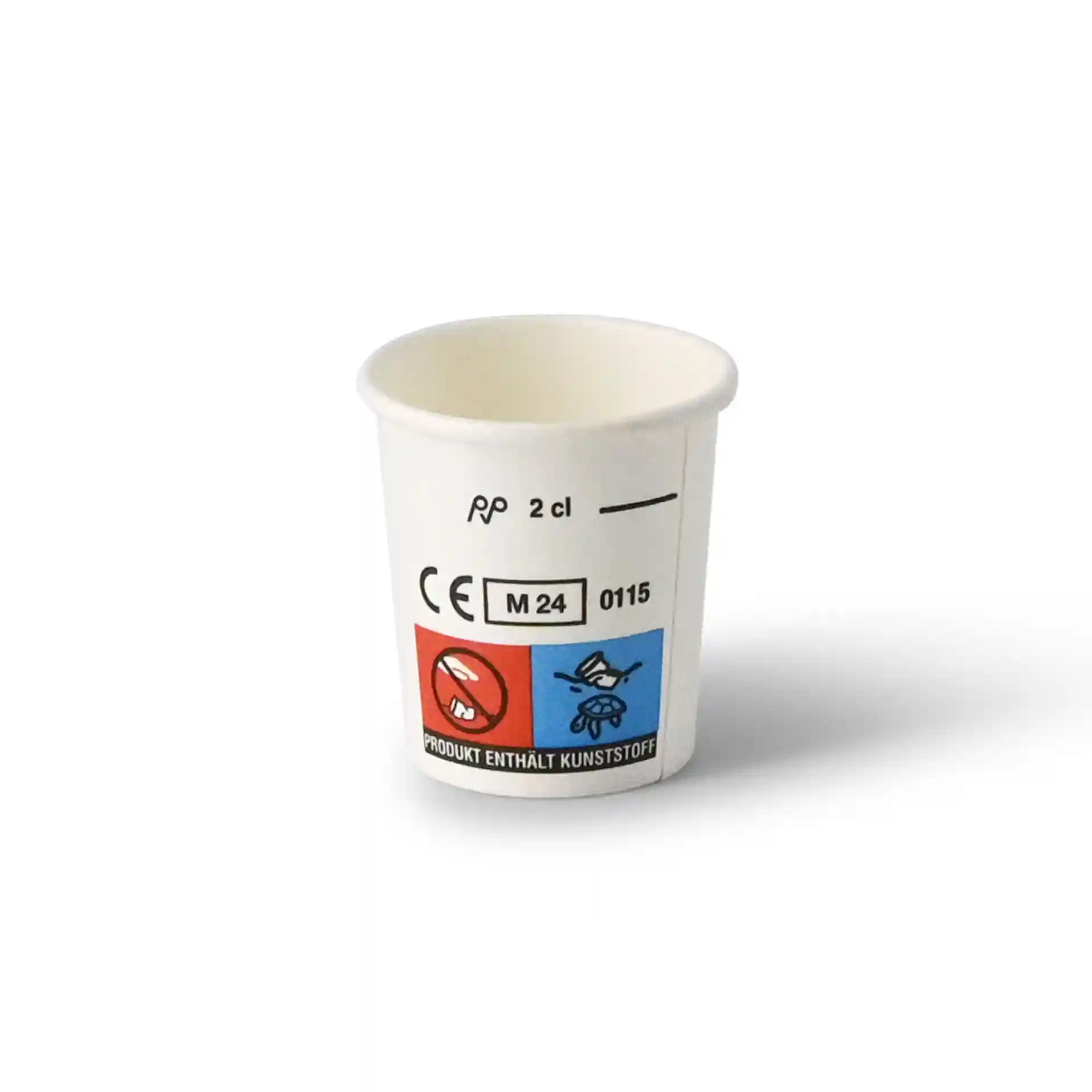 Bicchiere bianco con una capacità di 20 ml, con un'etichetta blu e rossa con simboli e contrassegni.