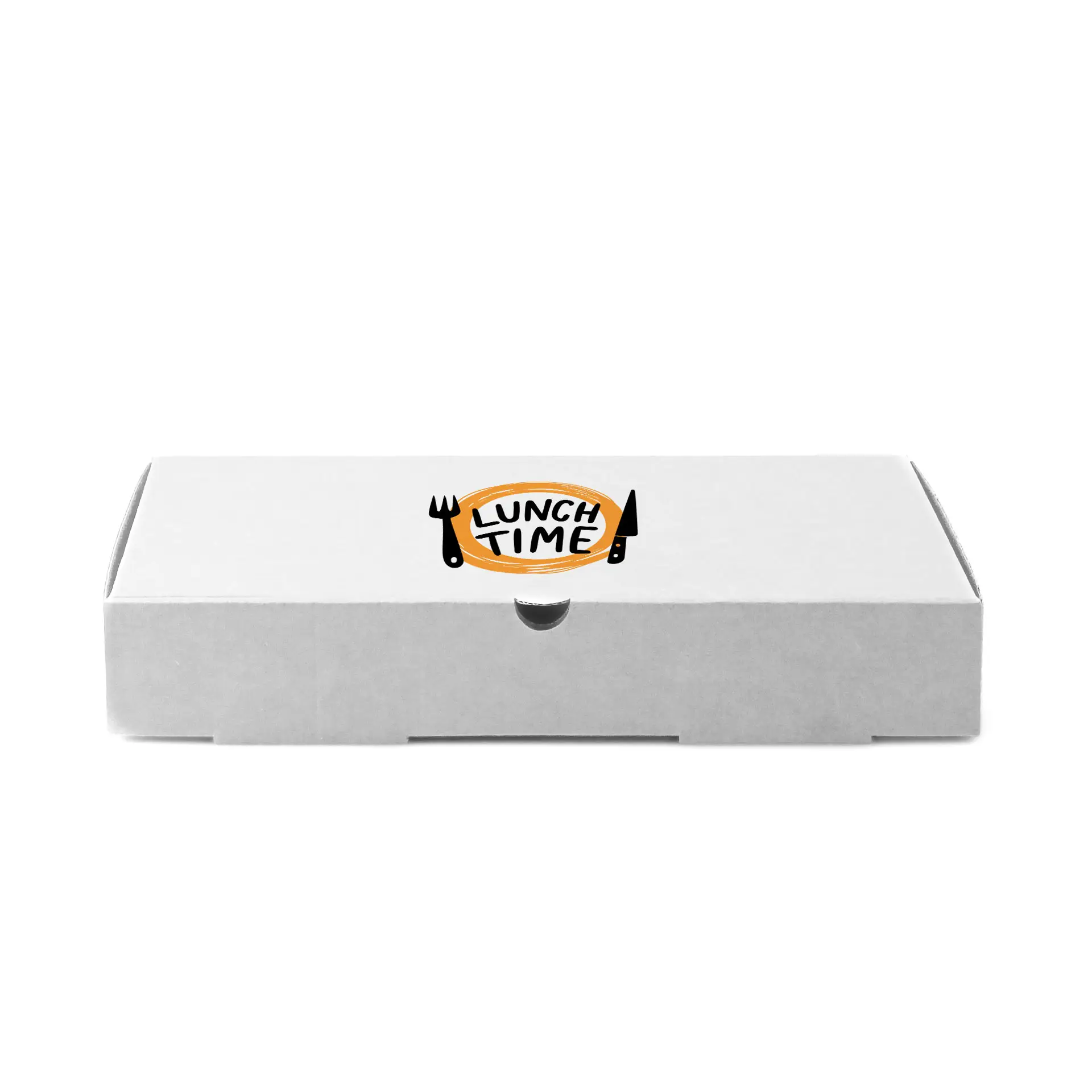 Scatola per pizza bianca con design circolare che presenta le parole "LUNCH TIME" e posate. Dimensioni: 30 x 30 x 4 cm.