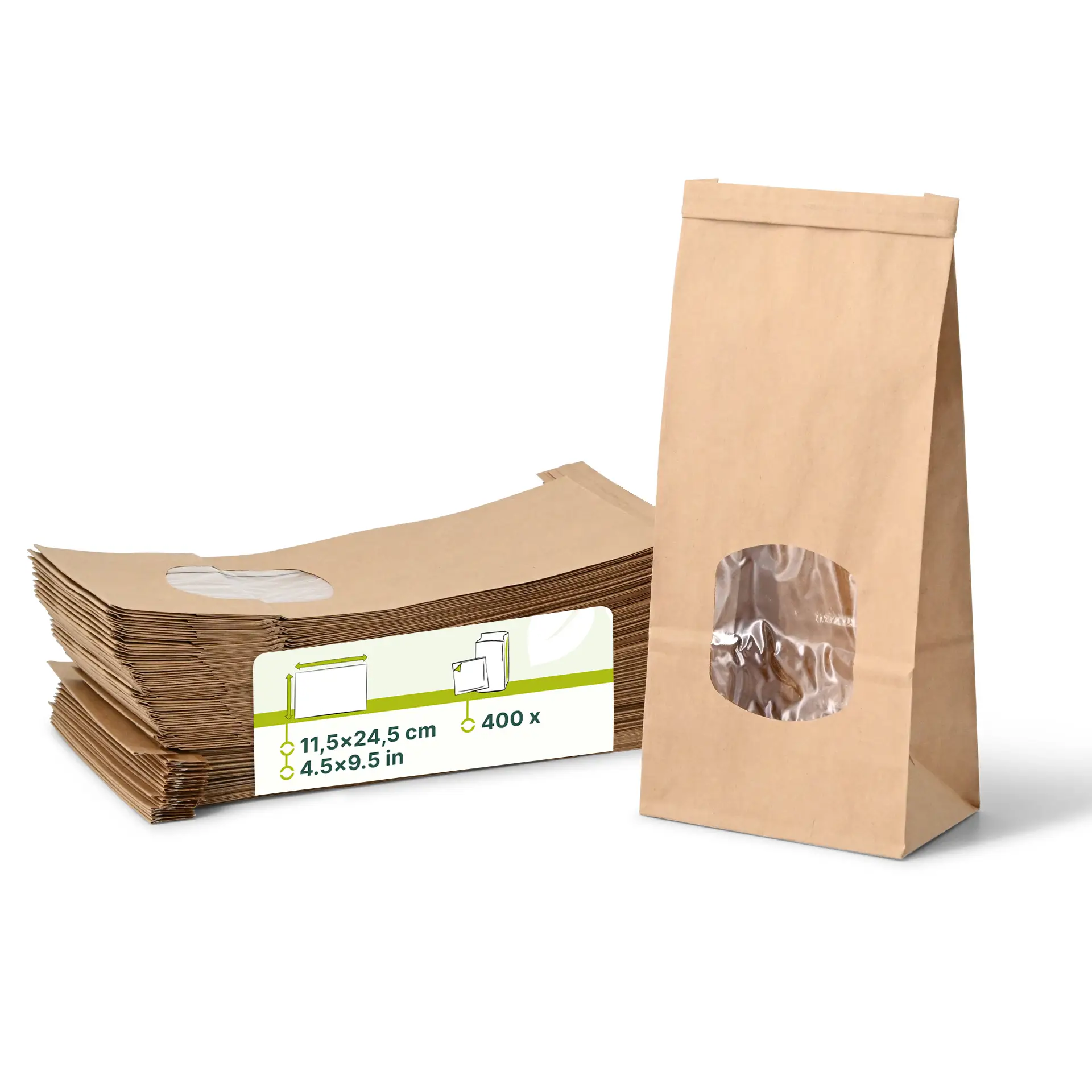 Sac SOS kraft brun M, fenêtre PP et fermeture, 11,5 x 7 x 24,5 cm dre02740-blockbeutel-m-fenster-m-115-x-7-x-245-cm-pp-folie-braun-clipband-kraftpapier