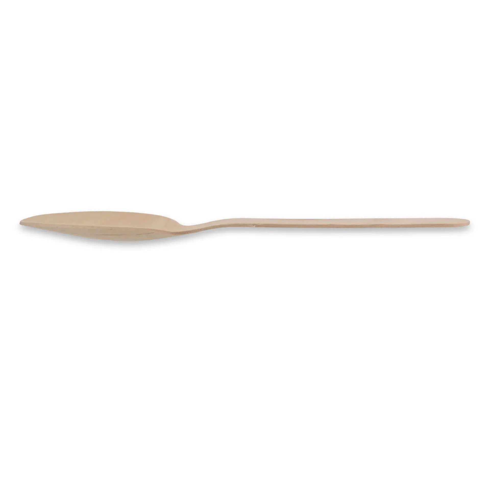 Holzlöffel, 18 cm lang, in brauner Farbe mit glatter Oberfläche, auf einem schlichten Hintergrund.