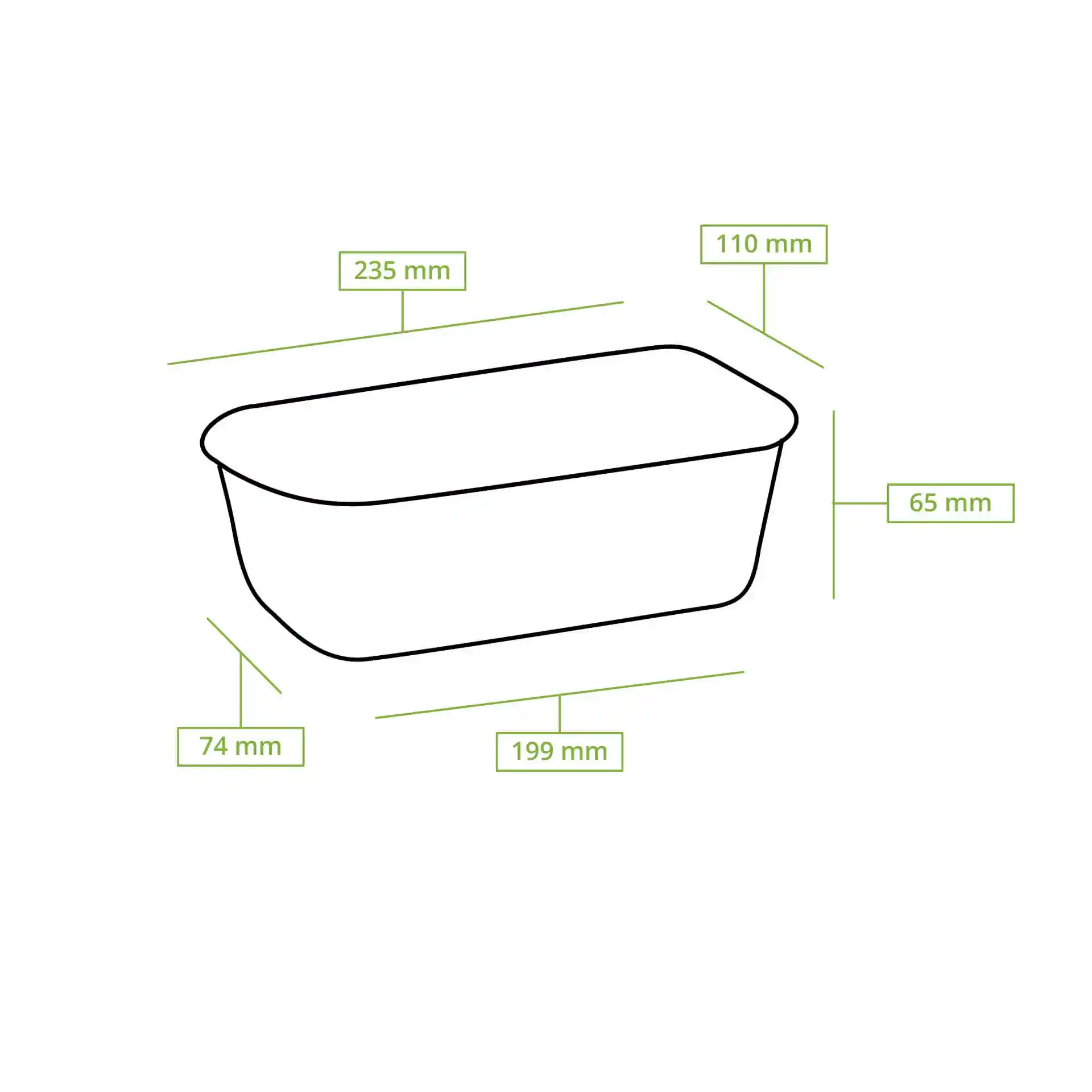 Disegno schematico di uno stampo da forno rettangolare con linee di dimensione che indicano 235 mm di lunghezza, 110 mm di larghezza e 65 mm di altezza.