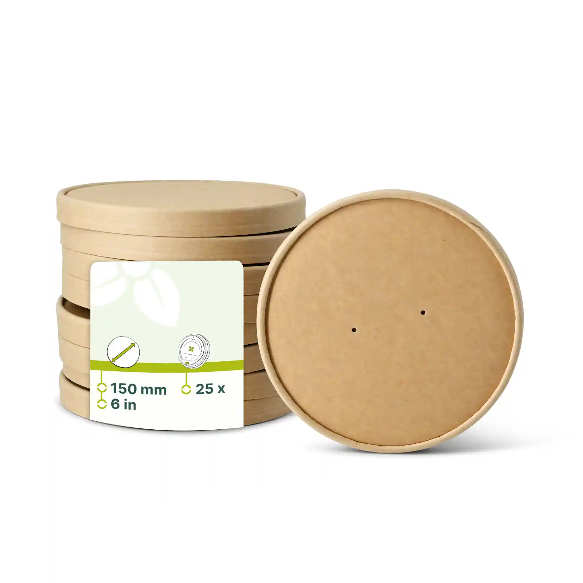 Coperchi in cartone marrone con un diametro di 150 mm, impilati con un'etichetta che mostra i dettagli del prodotto.