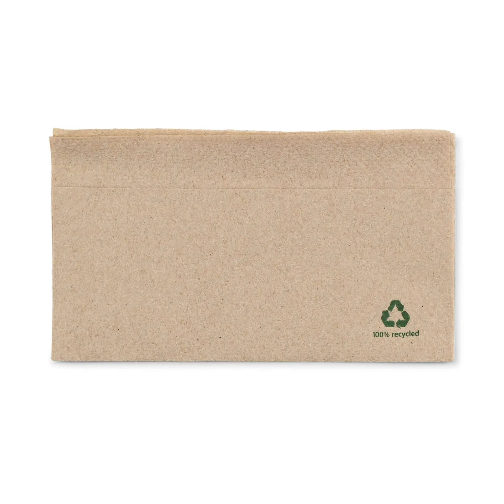 Serviette en papier rectangulaire non blanchie, 32 x 32 cm, avec un symbole de recyclage vert et du texte dans le coin inférieur droit.