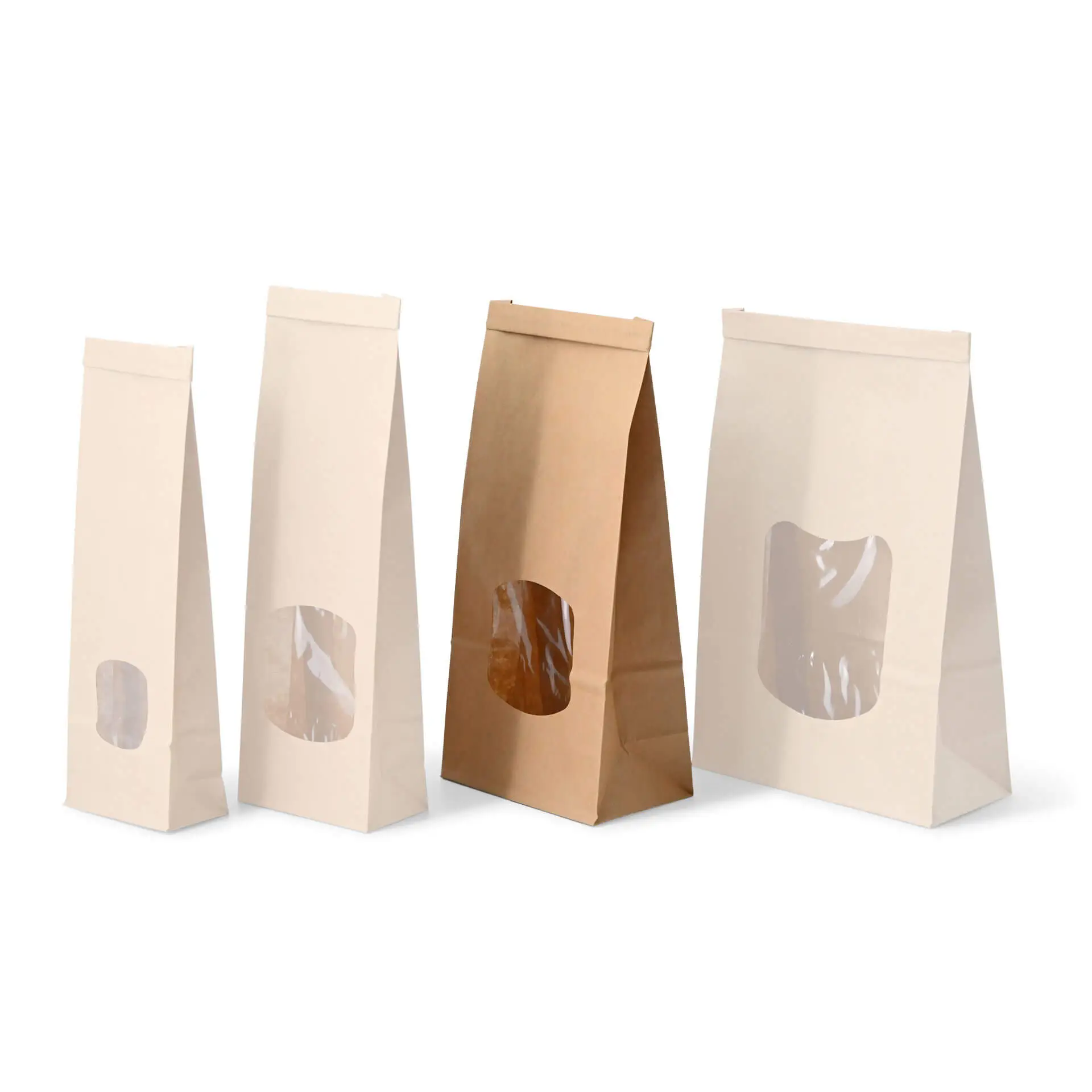 Blockbeutel m. Fenster M, 11,5 x 7 x 24,5 cm, PP-Folie, braun, Clipband, Kraftpapier