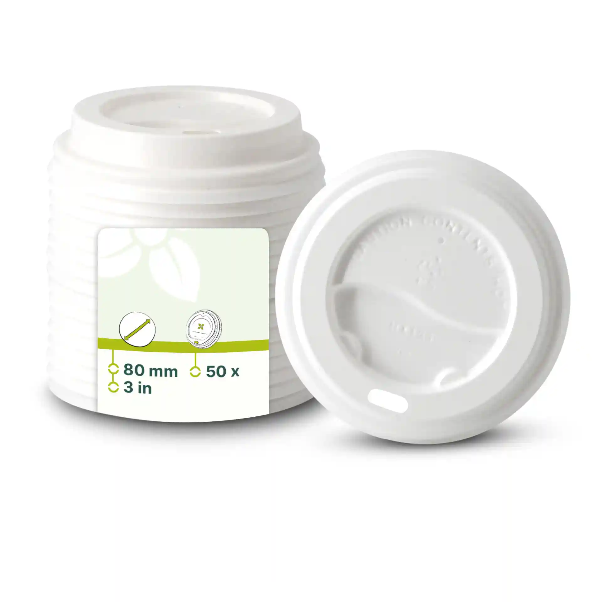 Coperchio in plastica bianca con un diametro di 80 mm e un foro per bere, impilato con un'etichetta che mostra dimensioni e quantità.