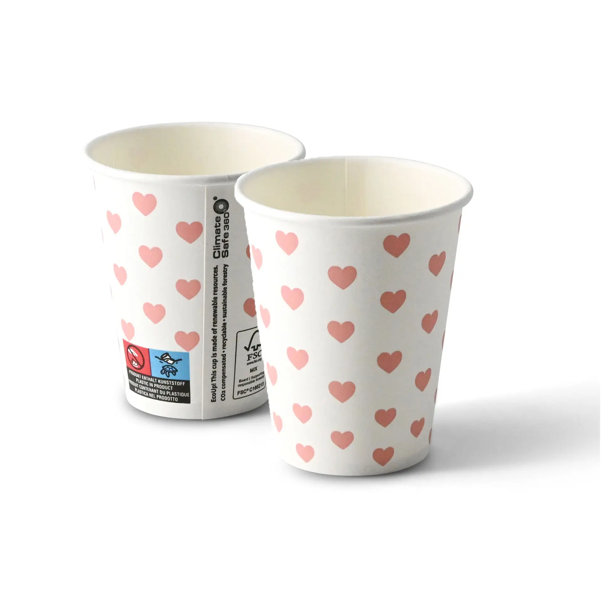 Pappbecher bedruckt "Hearts" (beschichtet) 200 ml / 8 oz, Ø 80 mm, weiss