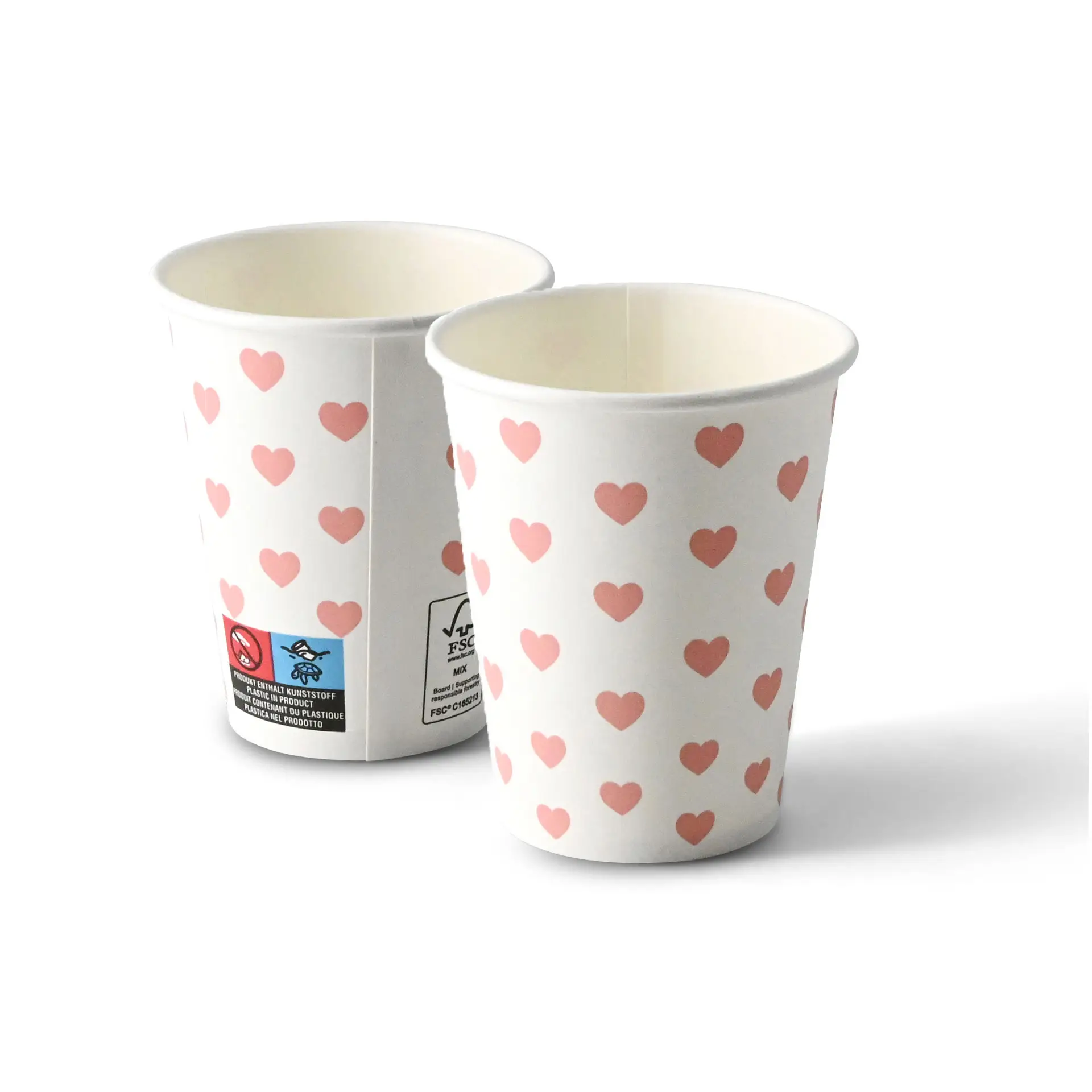 Pappbecher bedruckt "Hearts" (beschichtet) 200 ml / 8 oz, Ø 80 mm, weiss