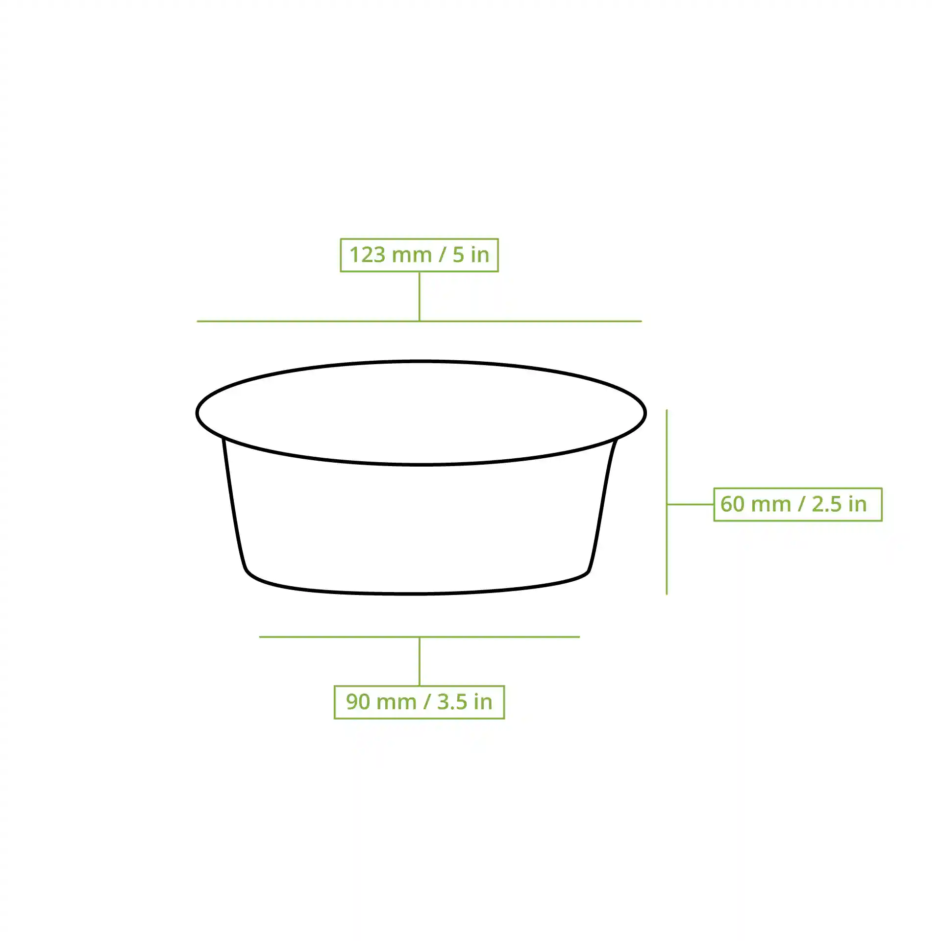 Disegno schematico di un vaso deli rotondo in rPET con dimensioni: diametro 123 mm, altezza 60 mm, diametro base 90 mm.