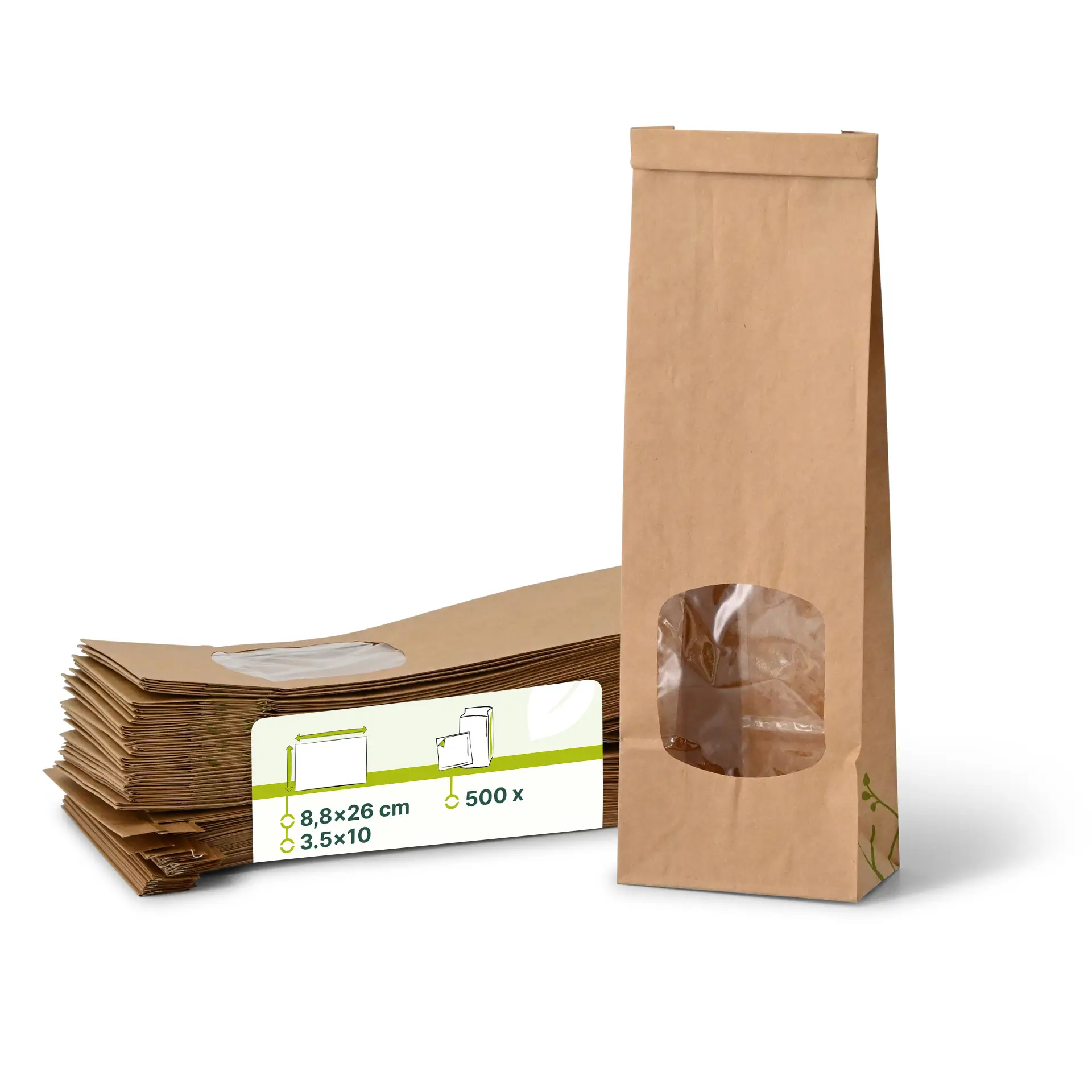 Sac SOS kraft brun S, fenêtre PLA et fermeture, 8,8 x 4,7 x 26 cm dre02760-blockbeutel-m-fenster-s-88-x-47-x-26-cm-pla-folie-braun-clipband-kraftpapier
