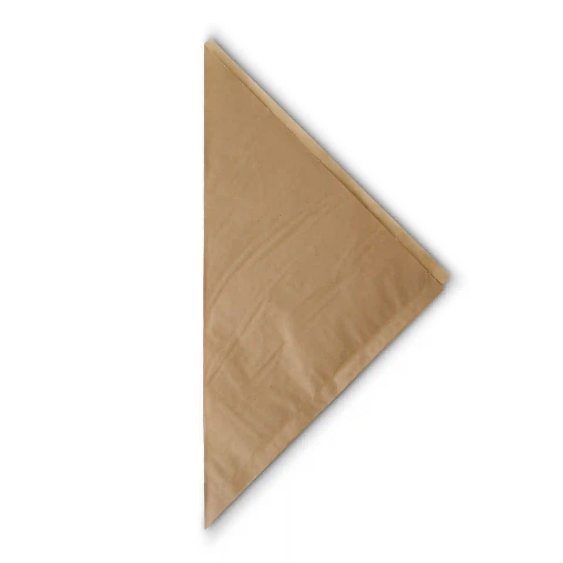 Braune Papiertüte für Pommes Frites, fettbeständig, dreieckige Form, 23 × 23 cm groß.