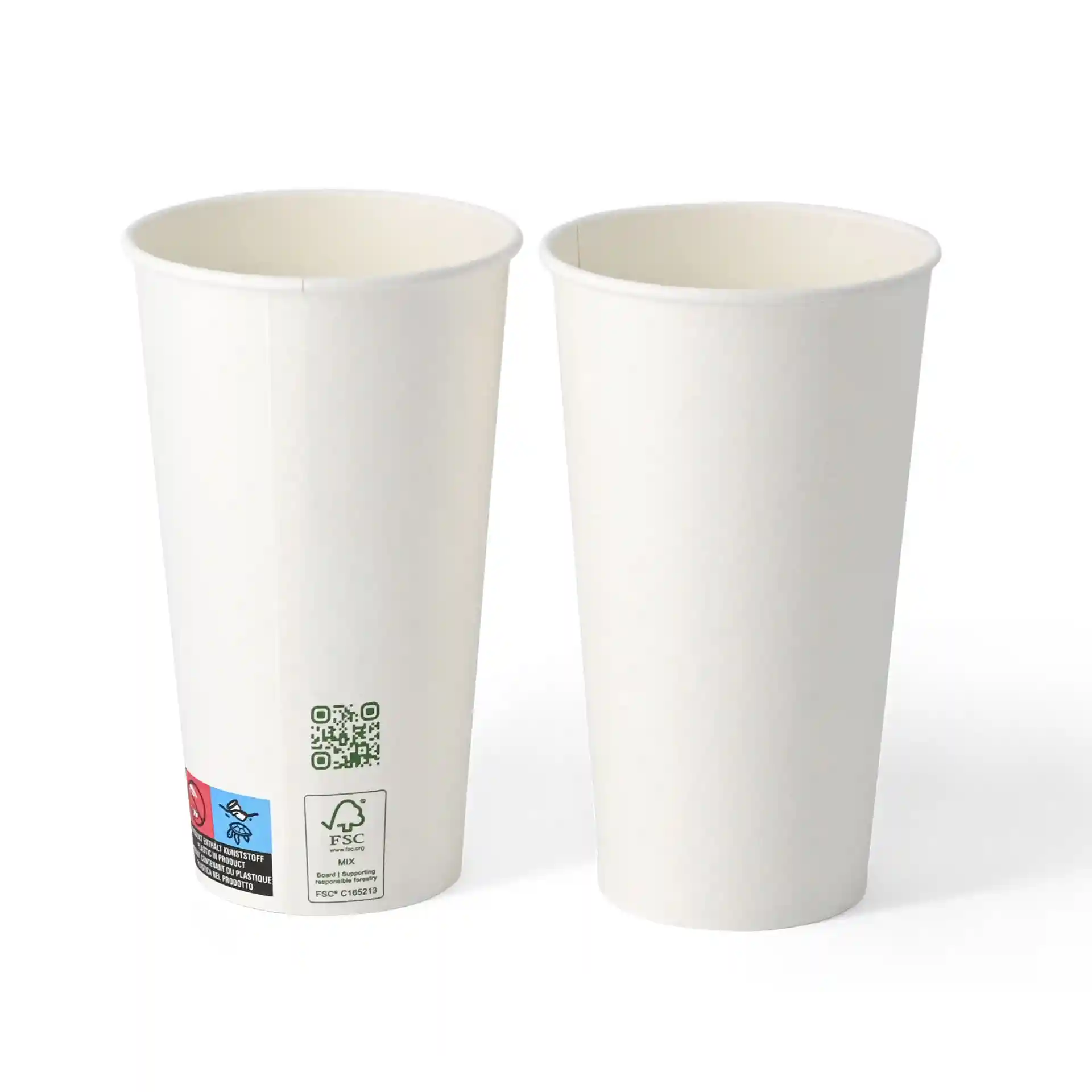 Zwei weiße Pappbecher mit einfacher Wand, 500 ml Fassungsvermögen und 90 mm Durchmesser, mit Etiketten an der Seite.
