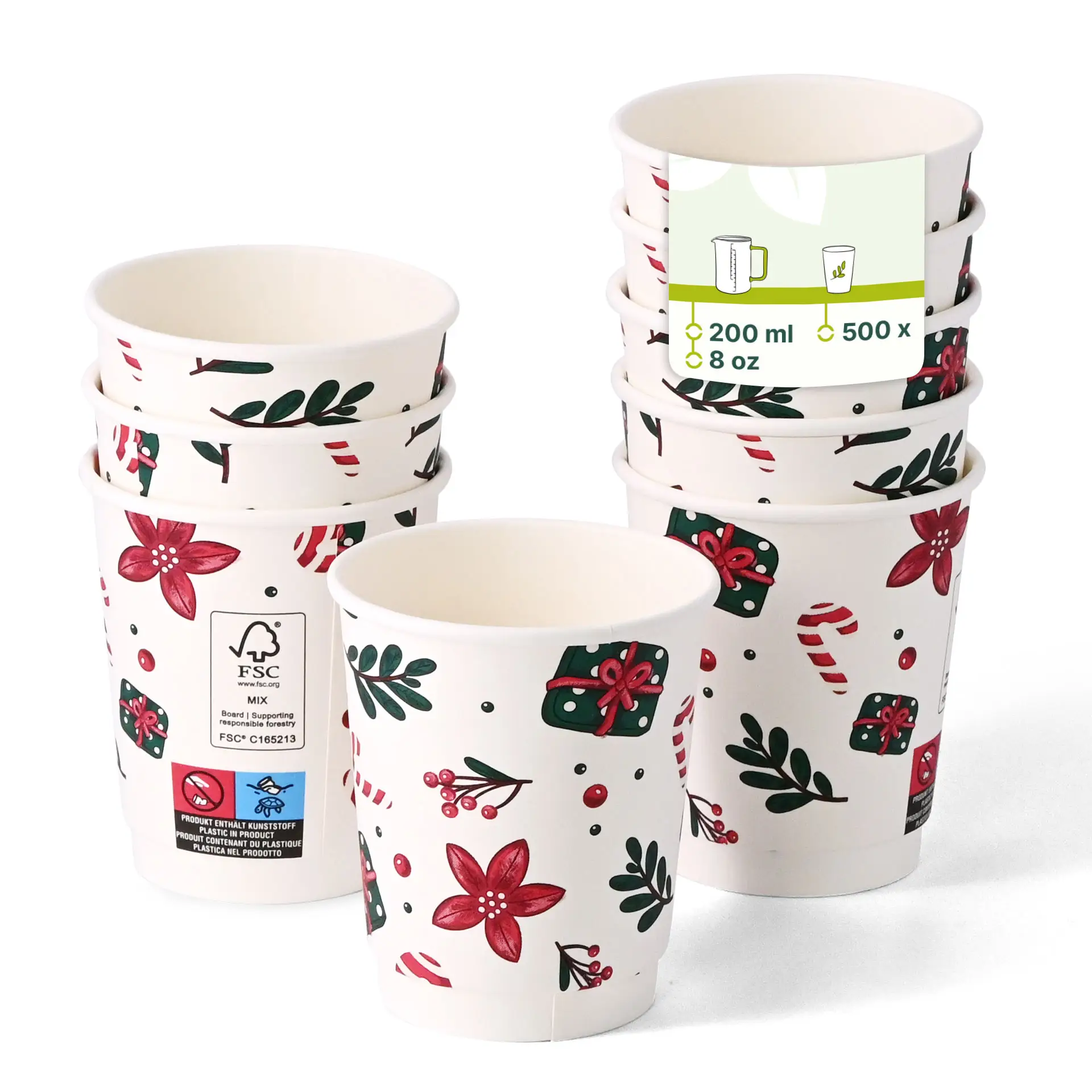 Doppelwandiger Becher mit Winterdesign, 200 ml, weiß, mit Blumen- und Geschenkmustern.