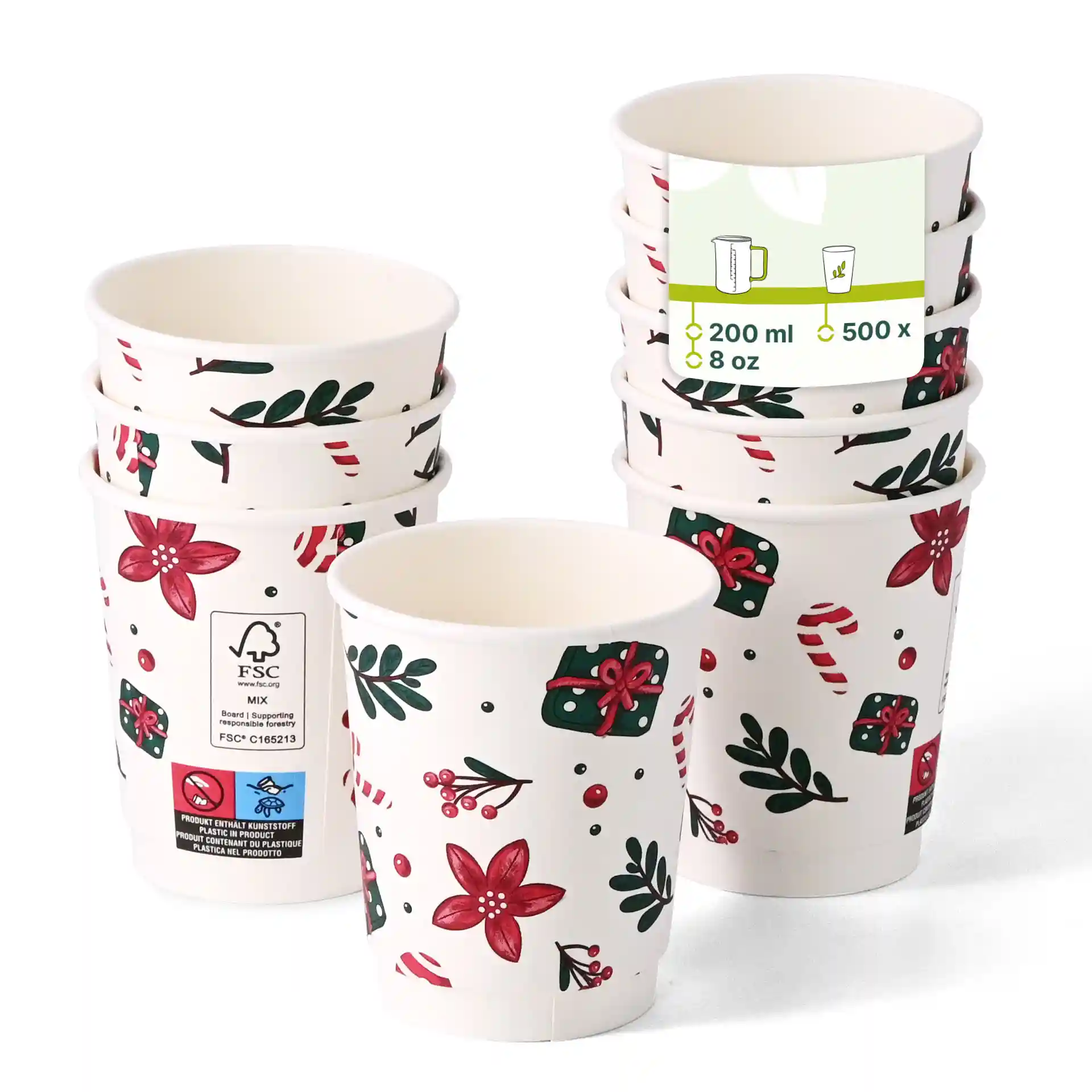 Doppelwandiger Becher mit Winterdesign, 200 ml, weiß, mit Blumen- und Geschenkmustern.