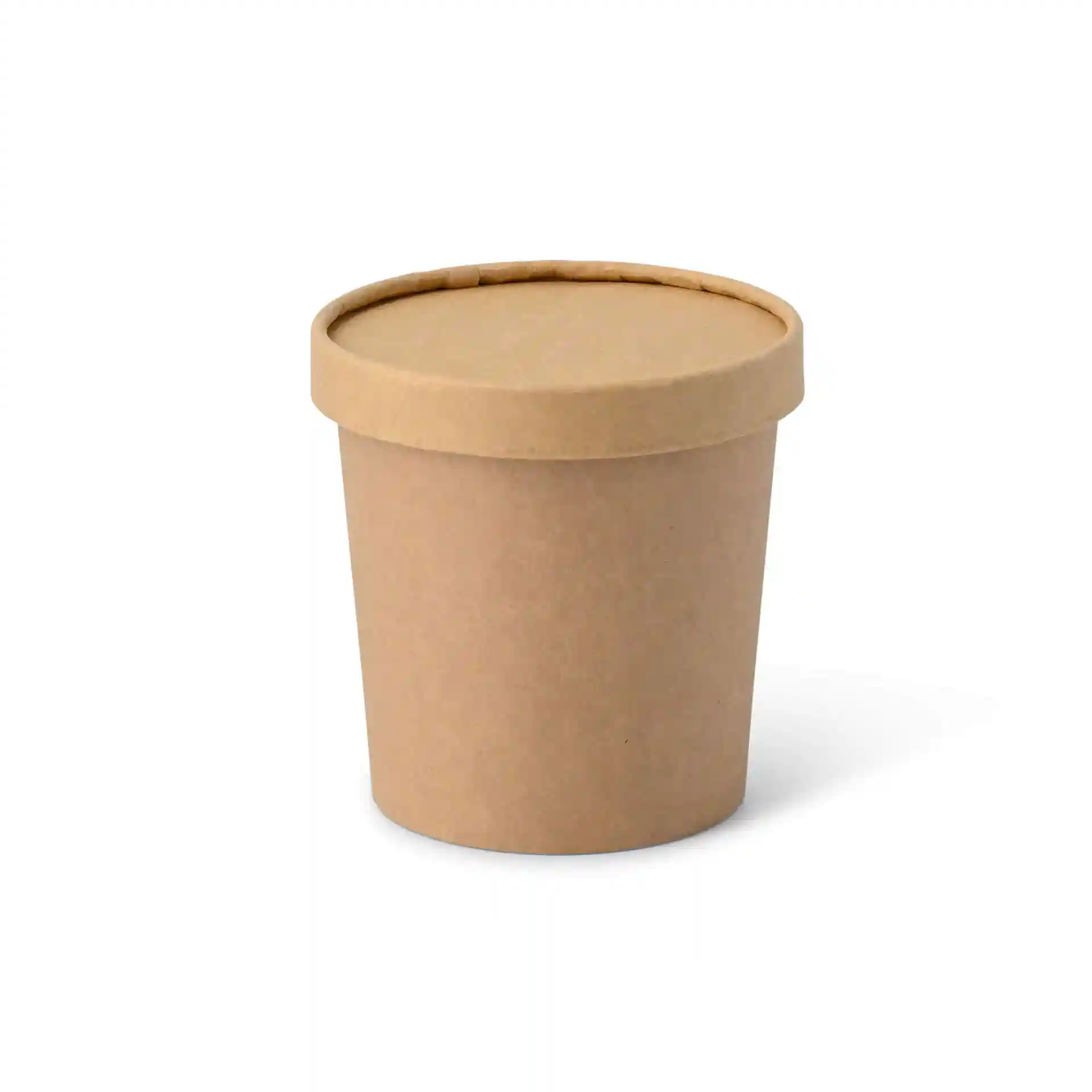 Gobelet en carton brun pour glace, de forme ronde et avec un couvercle assorti.