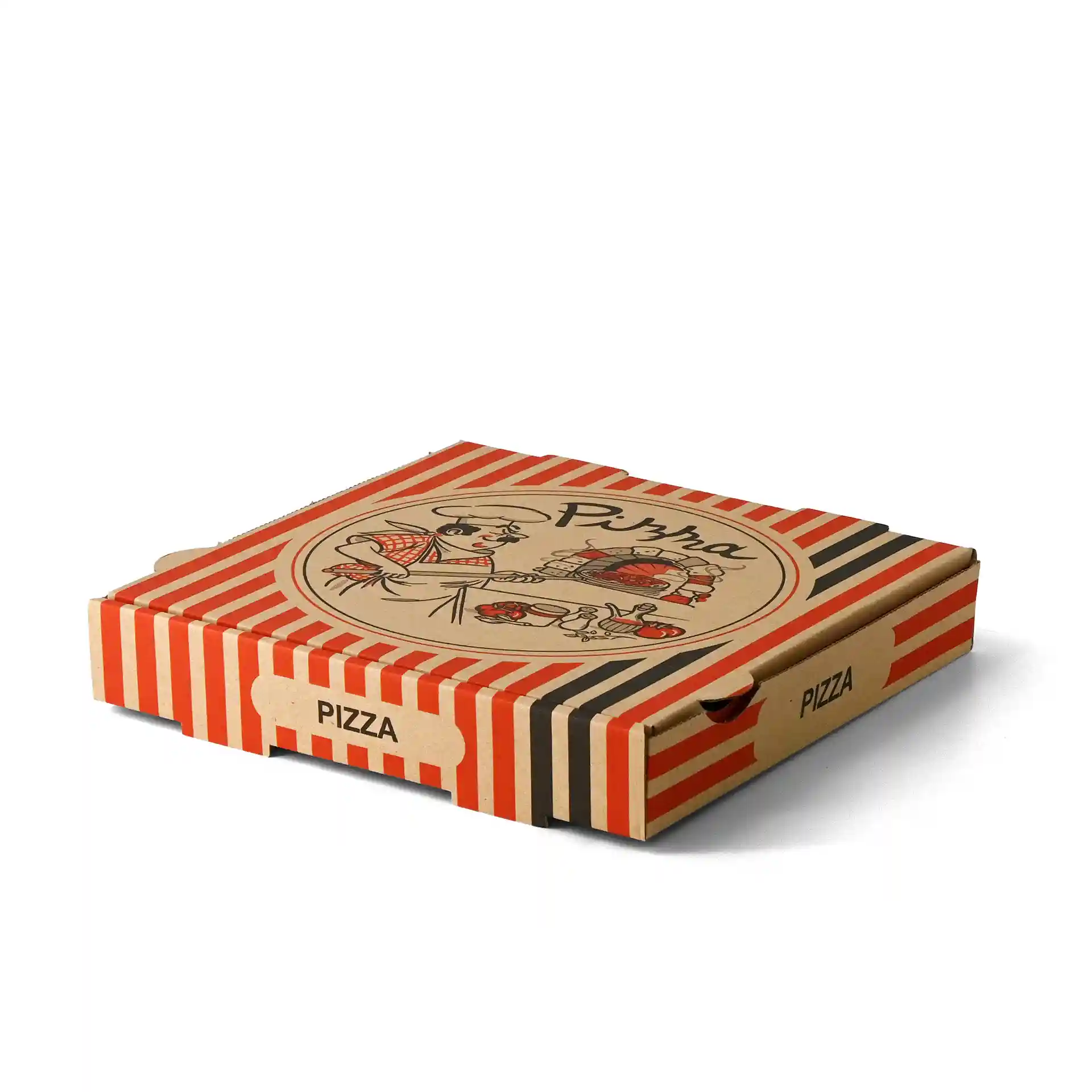 Boîte à pizza marron avec un design de chef pizzaiolo, mesurant 28 x 28 x 4 cm, avec des rayures rouges et noires.