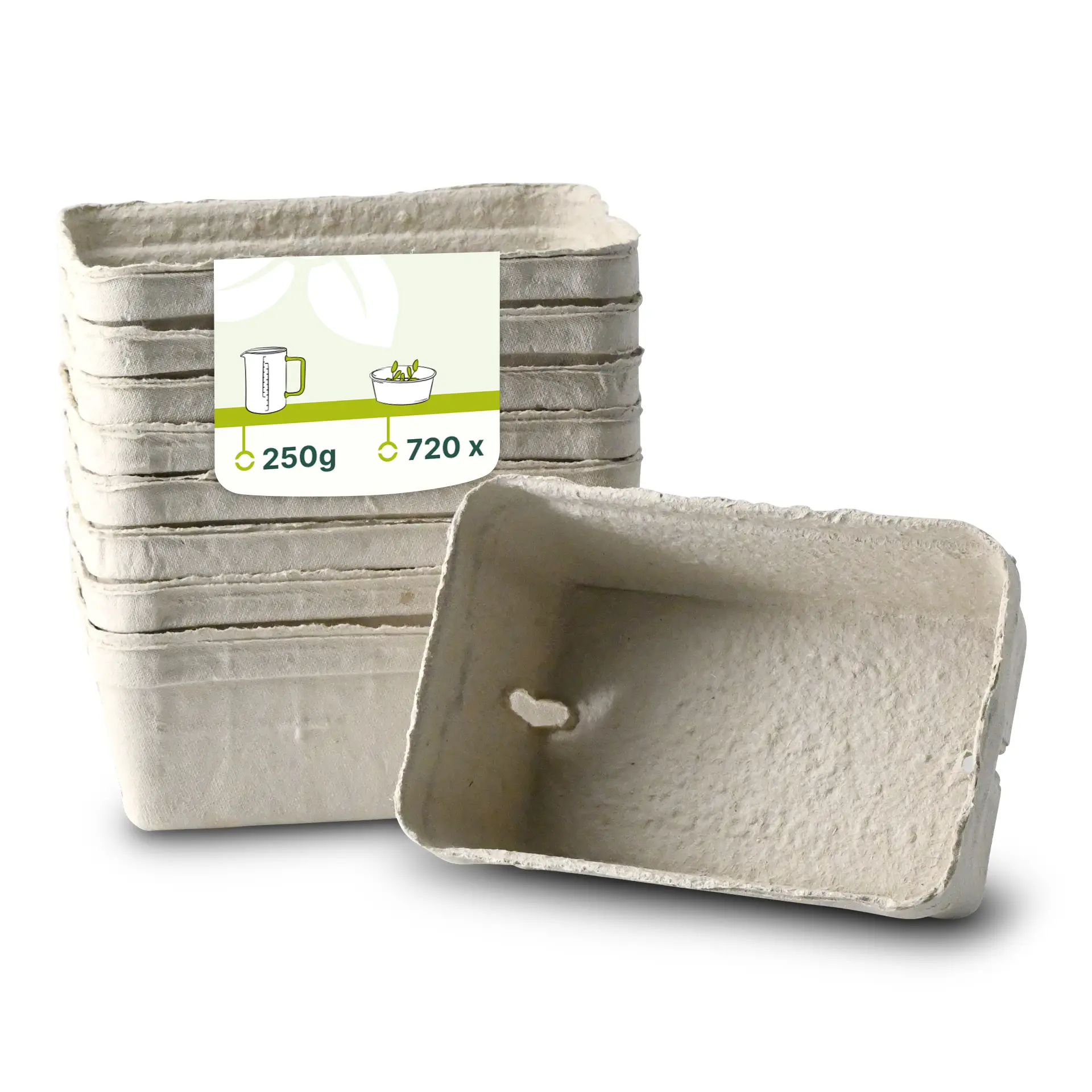 Plateau à baies blanches en carton de bois, adapté aux fruits frais ; un plateau montré avec des plateaux empilés derrière.