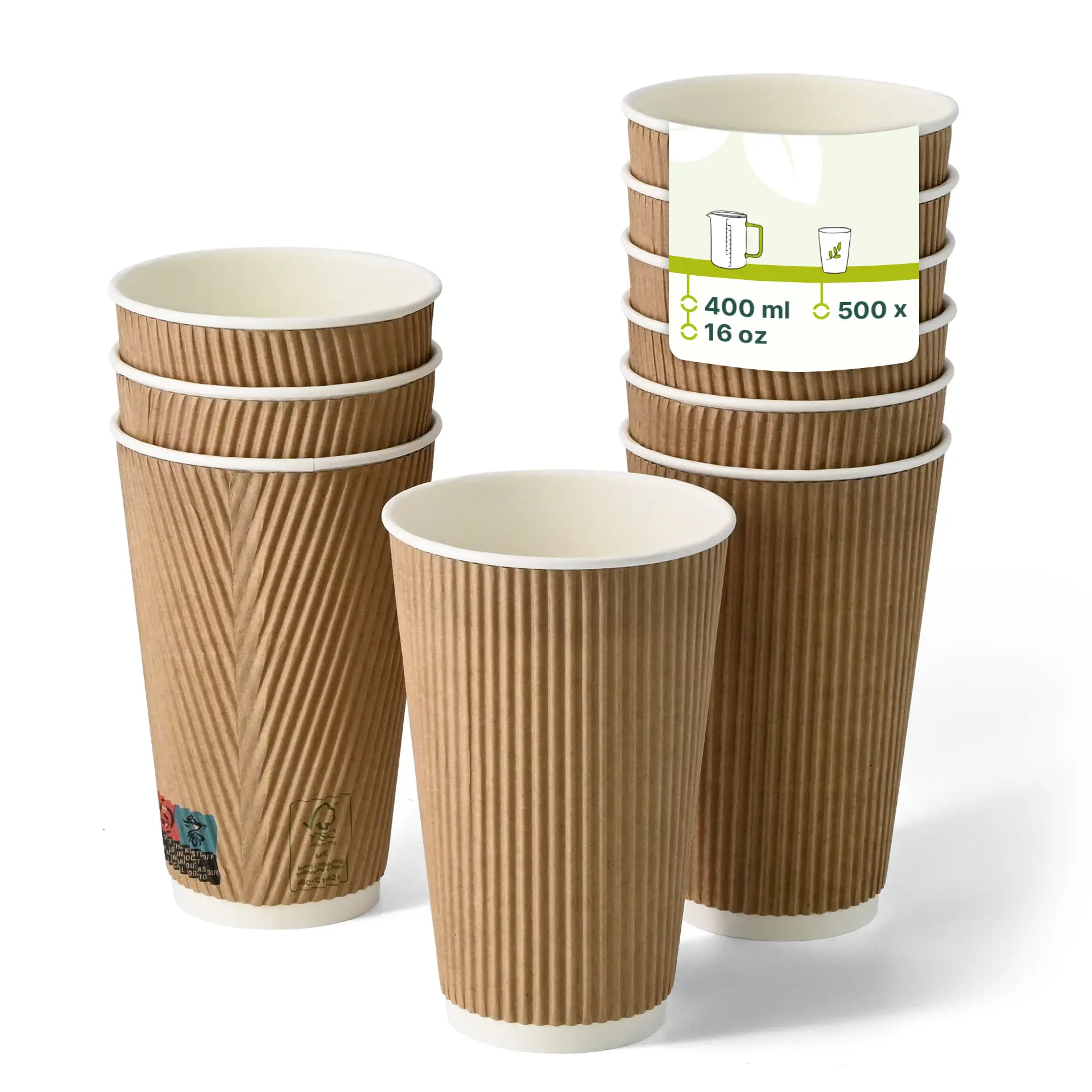 Brauner Rippencup mit weißer Innenbeschichtung, für heiße Getränke, mit dreifacher Isolierungstechnologie.