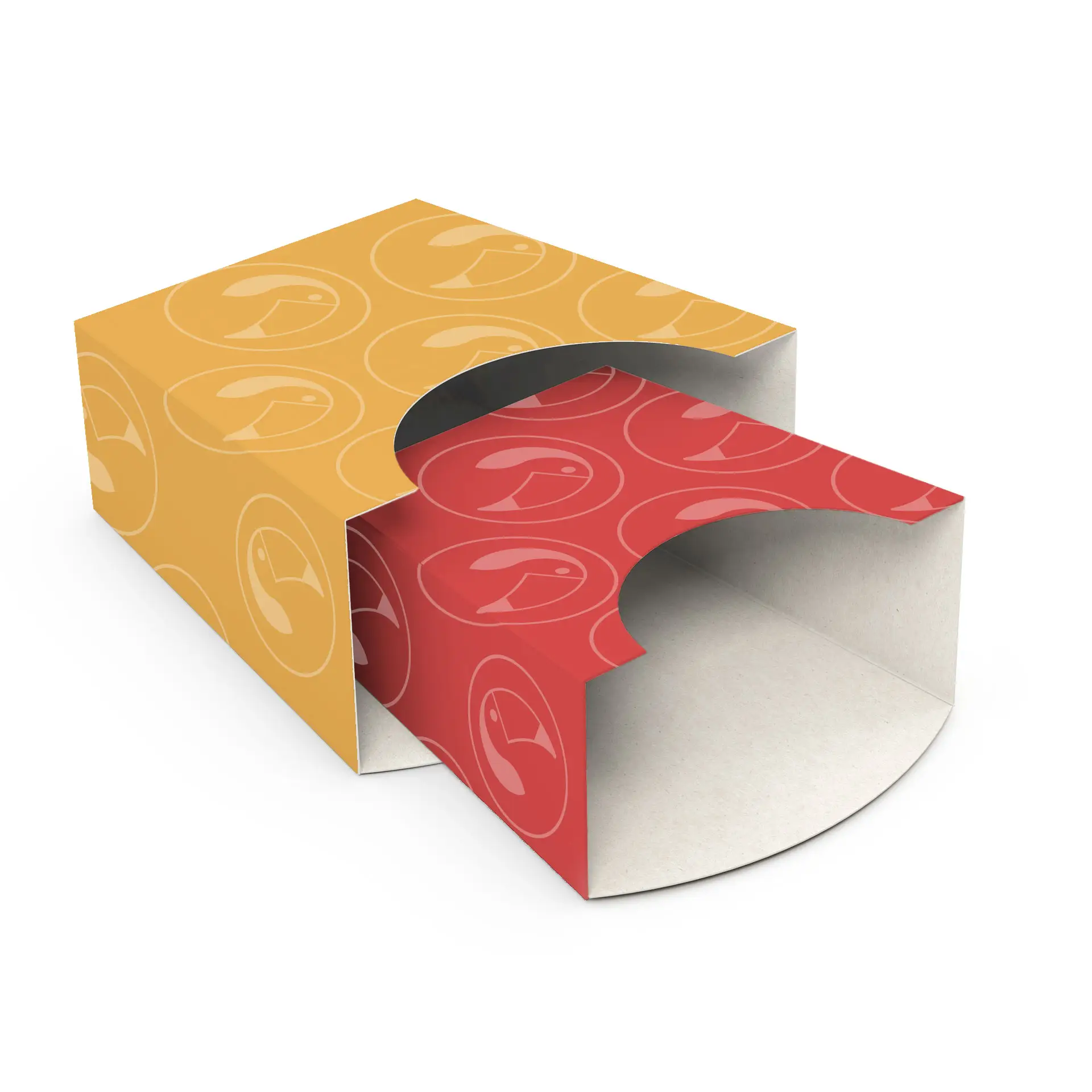 Cucchiaio rettangolare per patatine in cartone giallo e rosso, con design ritagliato, adatto per il branding.