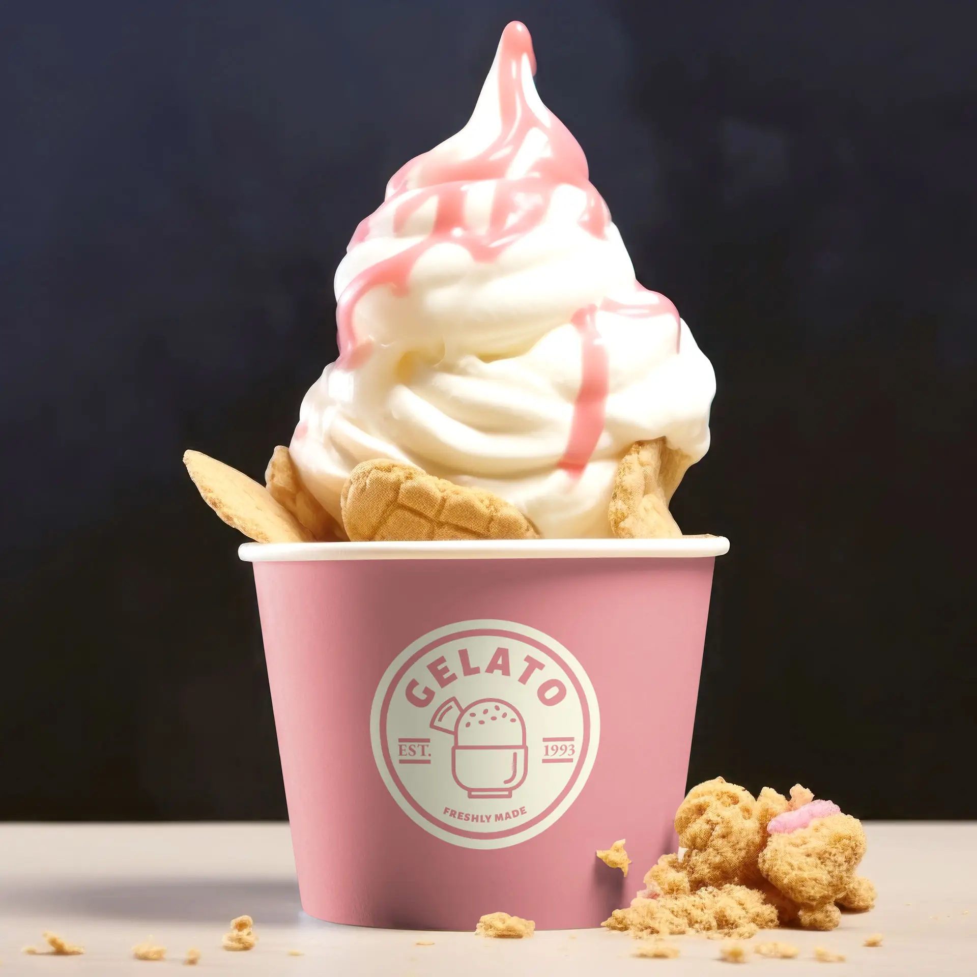 Eine rosa individuell bedruckte Eistasse mit Softeisdessert, pinkem Zuckerguss und Waffel; Kekse daneben verstreut.