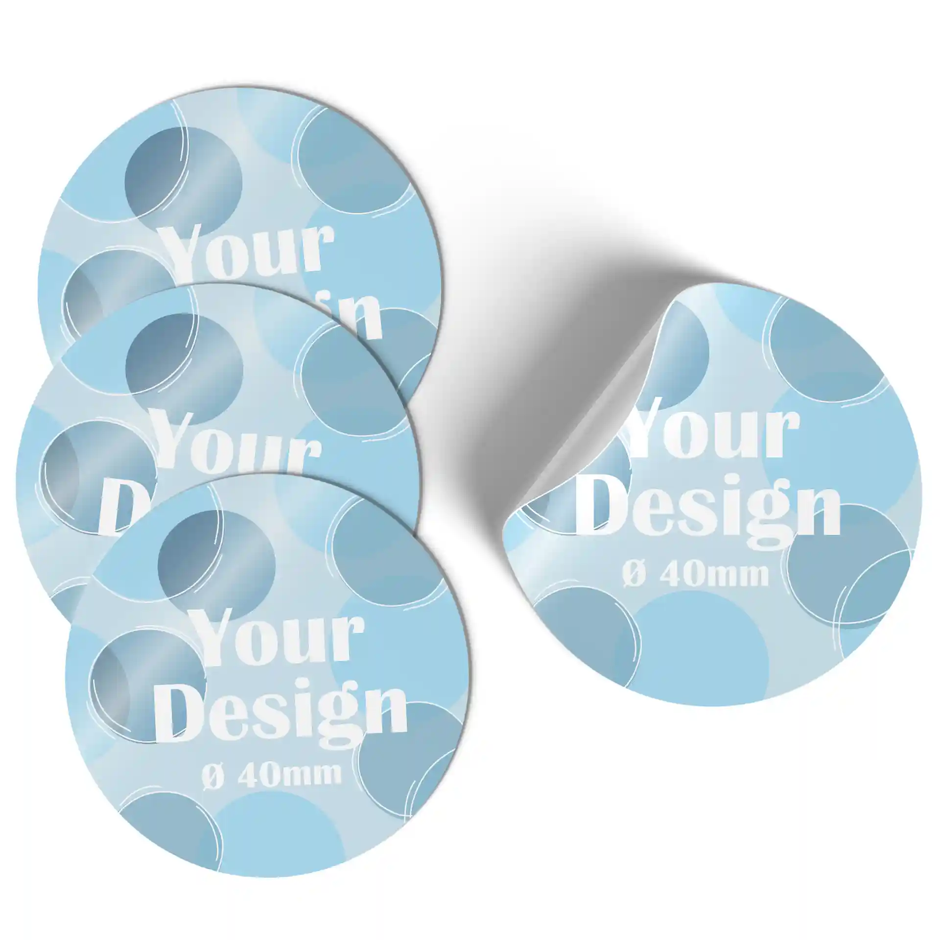 Quatre étiquettes rondes imprimées avec un design bleu et un texte blanc, chacune mesurant 40 mm de diamètre.