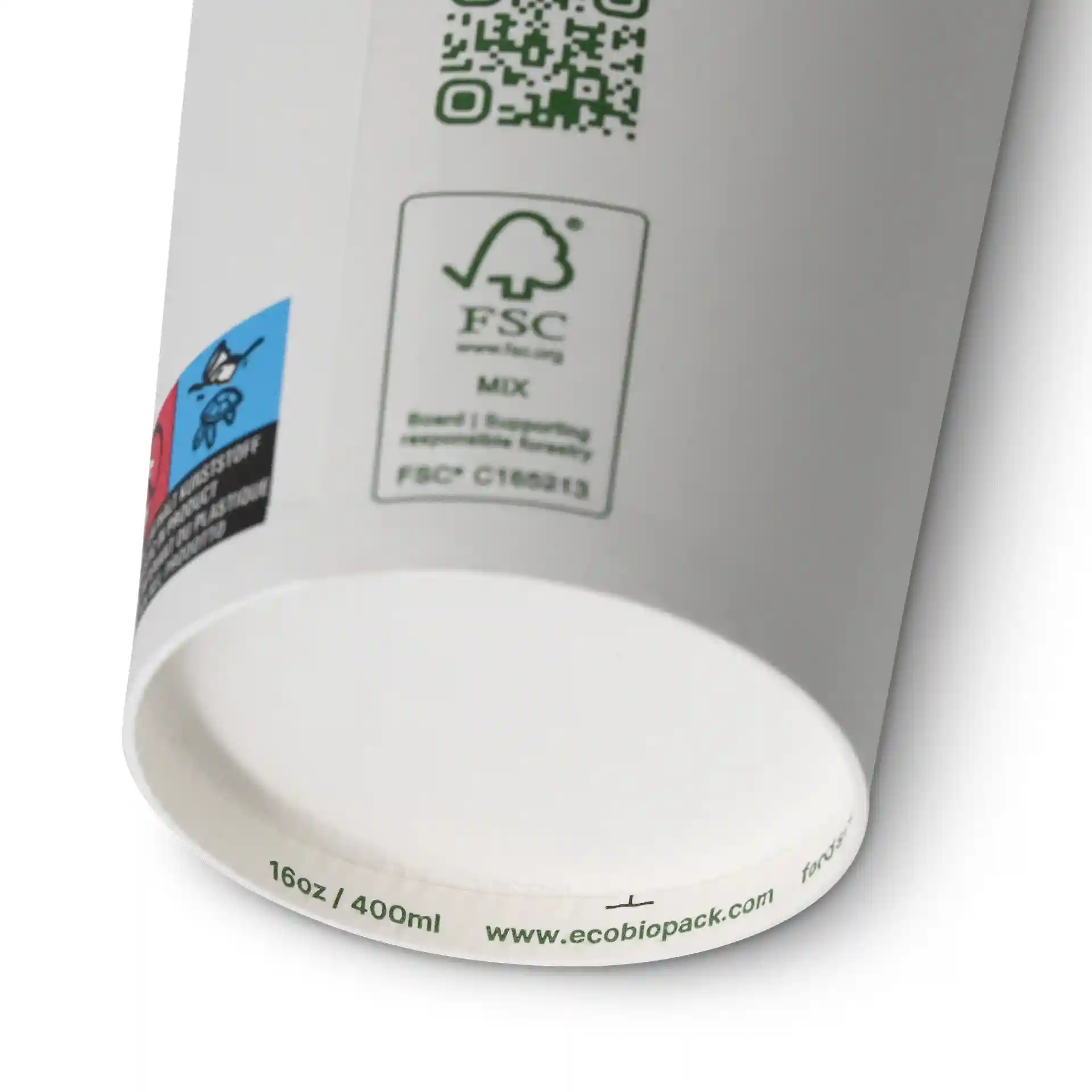 Gobelet en carton 400 ml / 16 oz, Ø 90 mm, simple paroi, blanc, revêtu de PLA