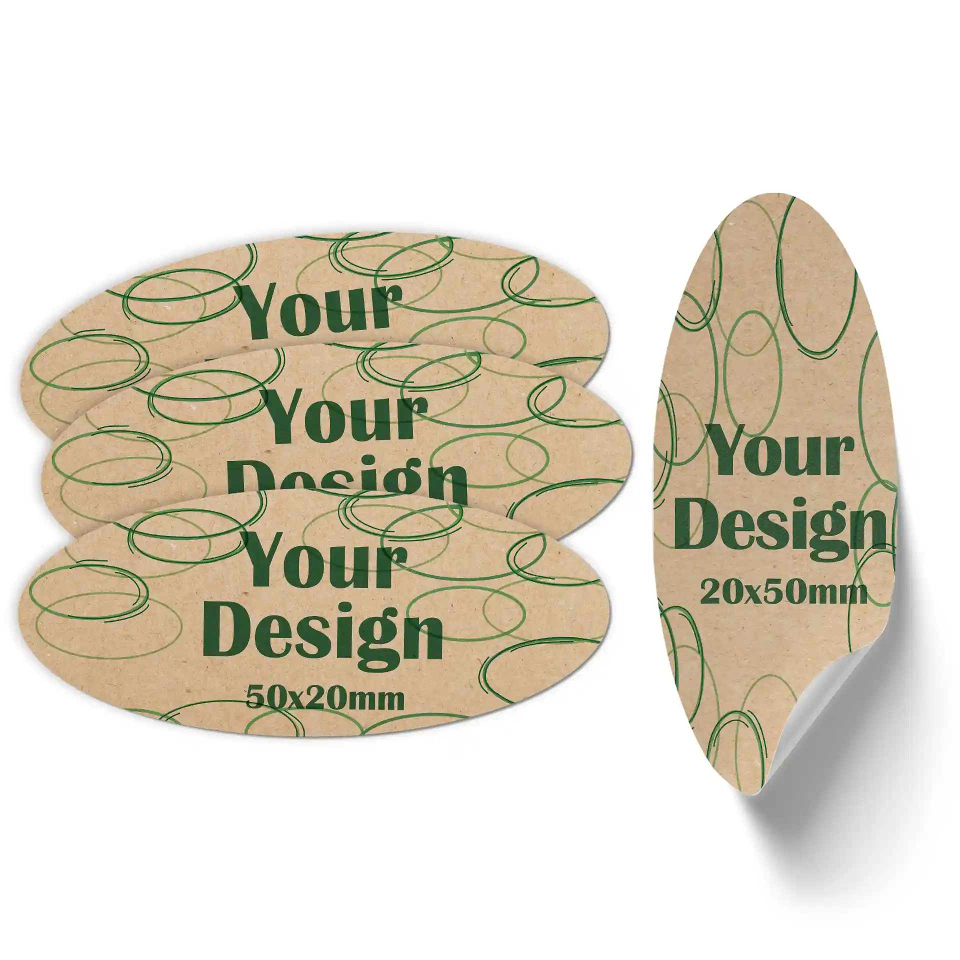 Oval bedruckte Etiketten auf braunem mattem Kraftpapier mit grünen kreisförmigen Designs und Text, 20x50 mm groß.