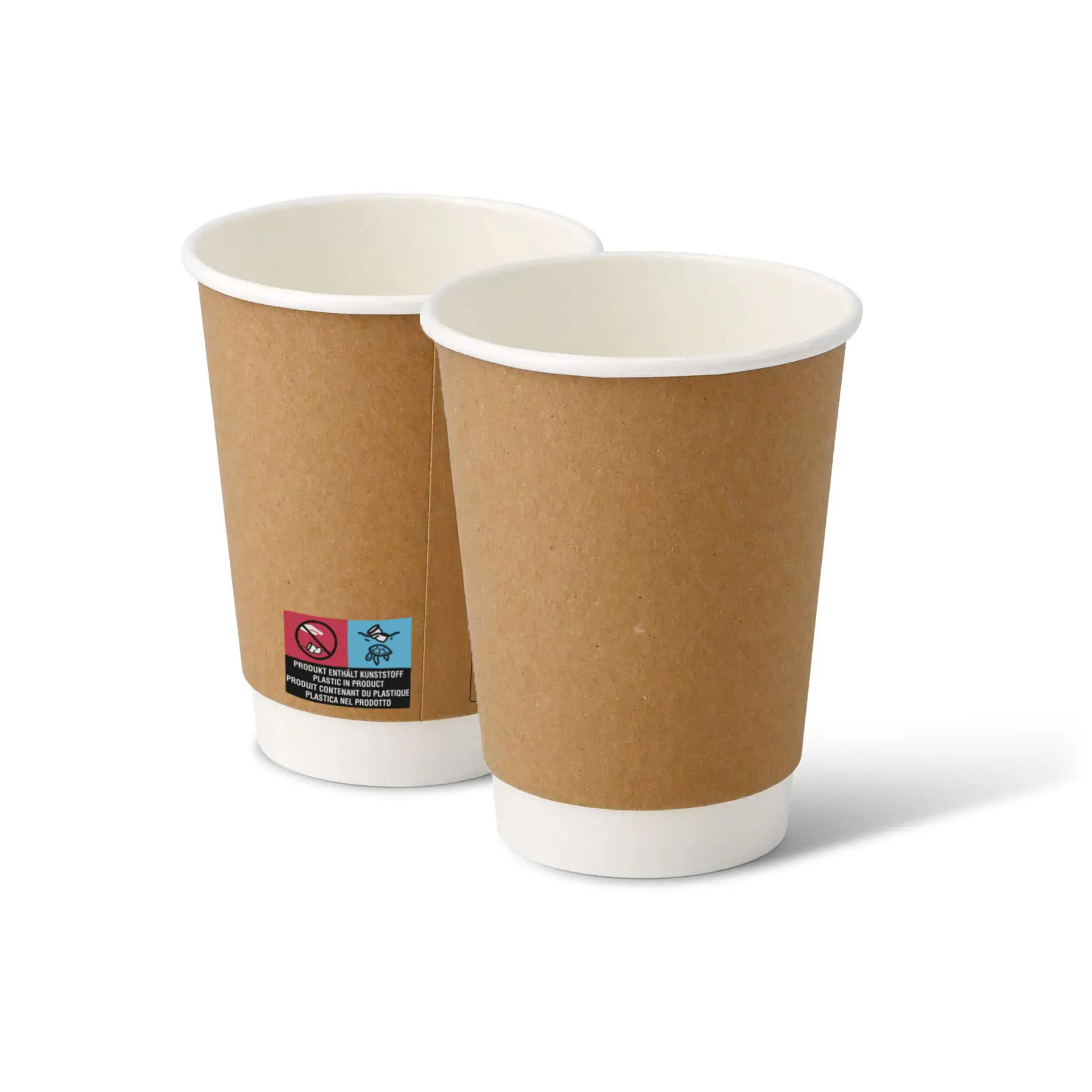 Deux gobelets à emporter en papier marron double paroi de 12 oz avec le fond blanc, adaptés pour boissons chaudes et froides.