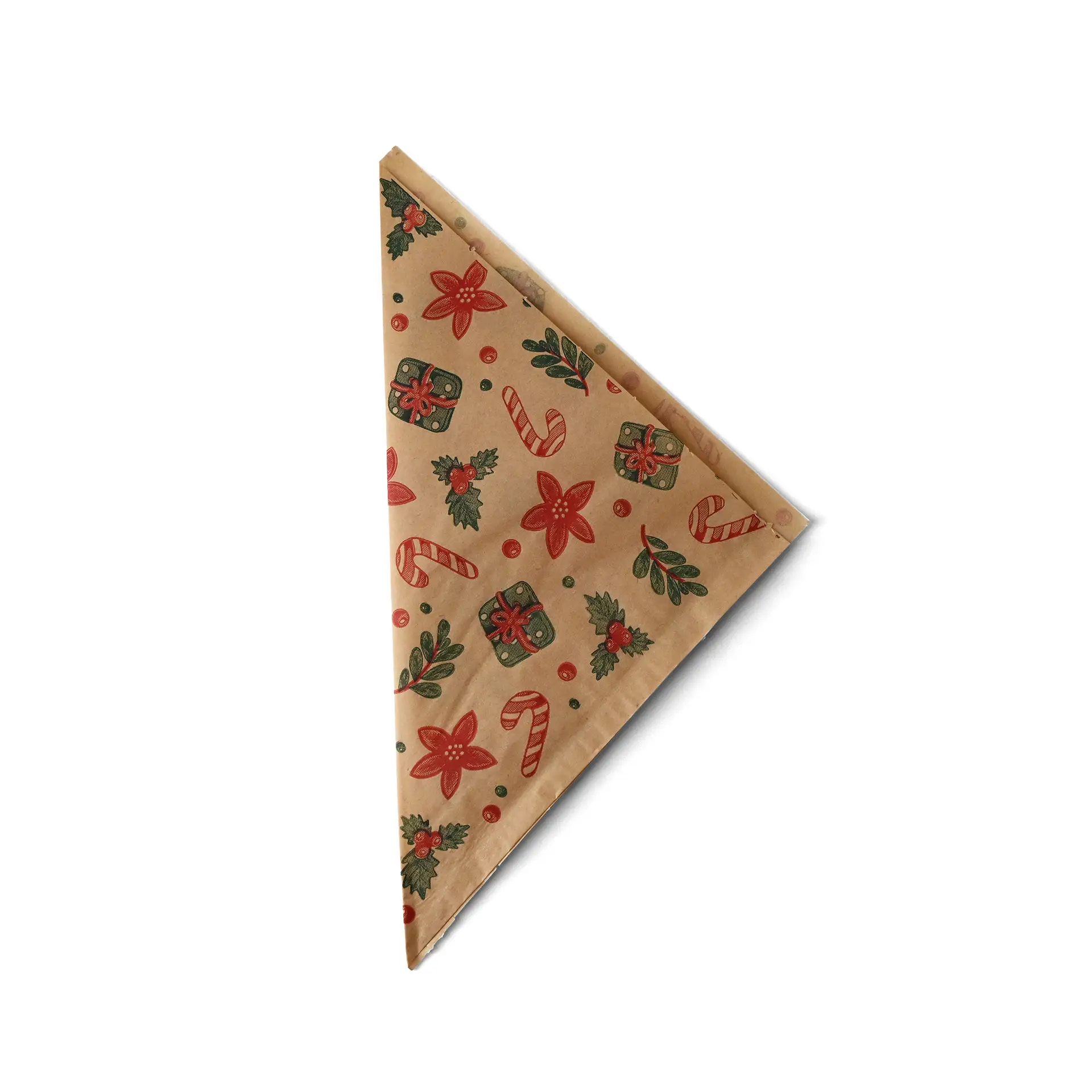 Sac en papier brun résistant à la graisse avec un design d'hiver, fleurs rouges, cannes en sucre et cadeaux, mesurant 19 x 19 cm.