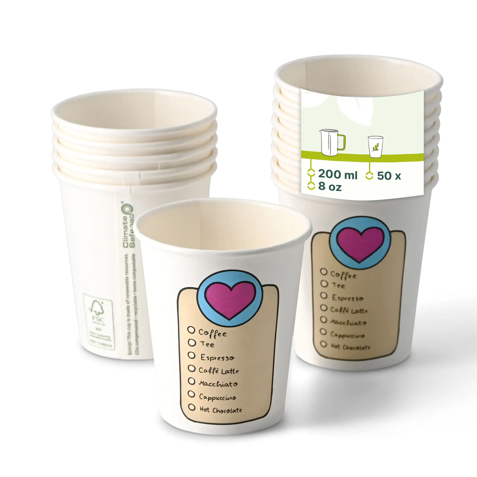 Gobelet en carton imprimé "Coffeelove" 20 cl / 8 oz, Ø 80 mm, blanc