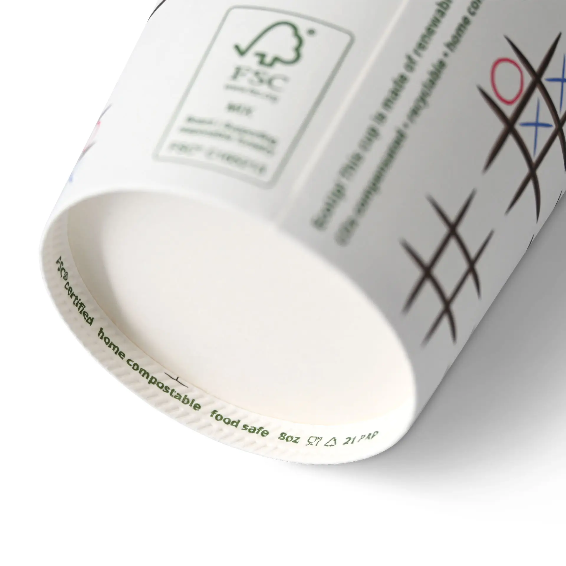 Gobelet en carton imprimé "Tic Tac Toe" 20 cl / 8 oz, Ø 80 mm, blanc