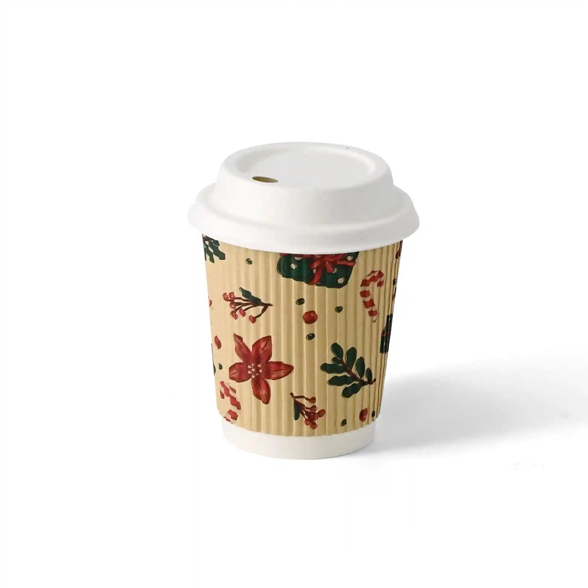 Bicchiere ondulato marrone con design invernale, capacità di 200 ml, altezza di 90 mm e diametro di 80 mm.