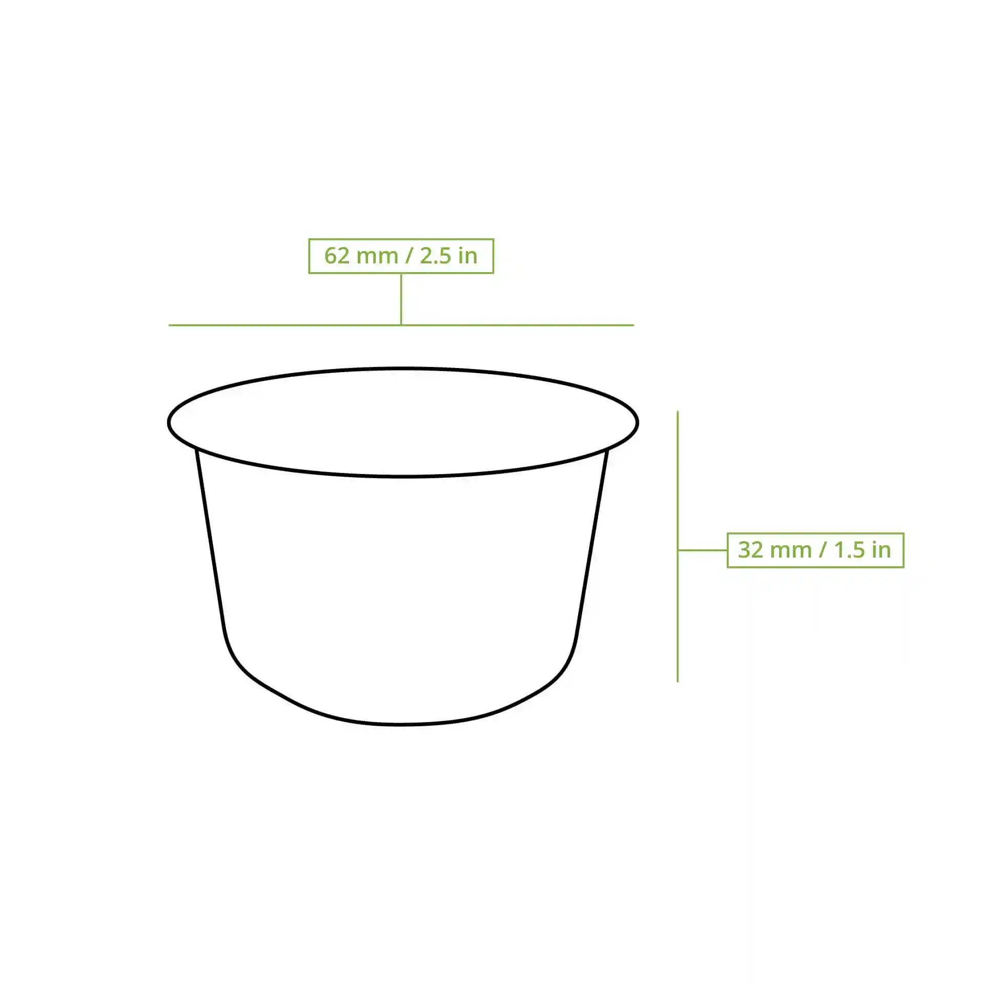 Dessin schématique d'un bol à dip en bagasse avec un diamètre de 62 mm et une hauteur de 32 mm.