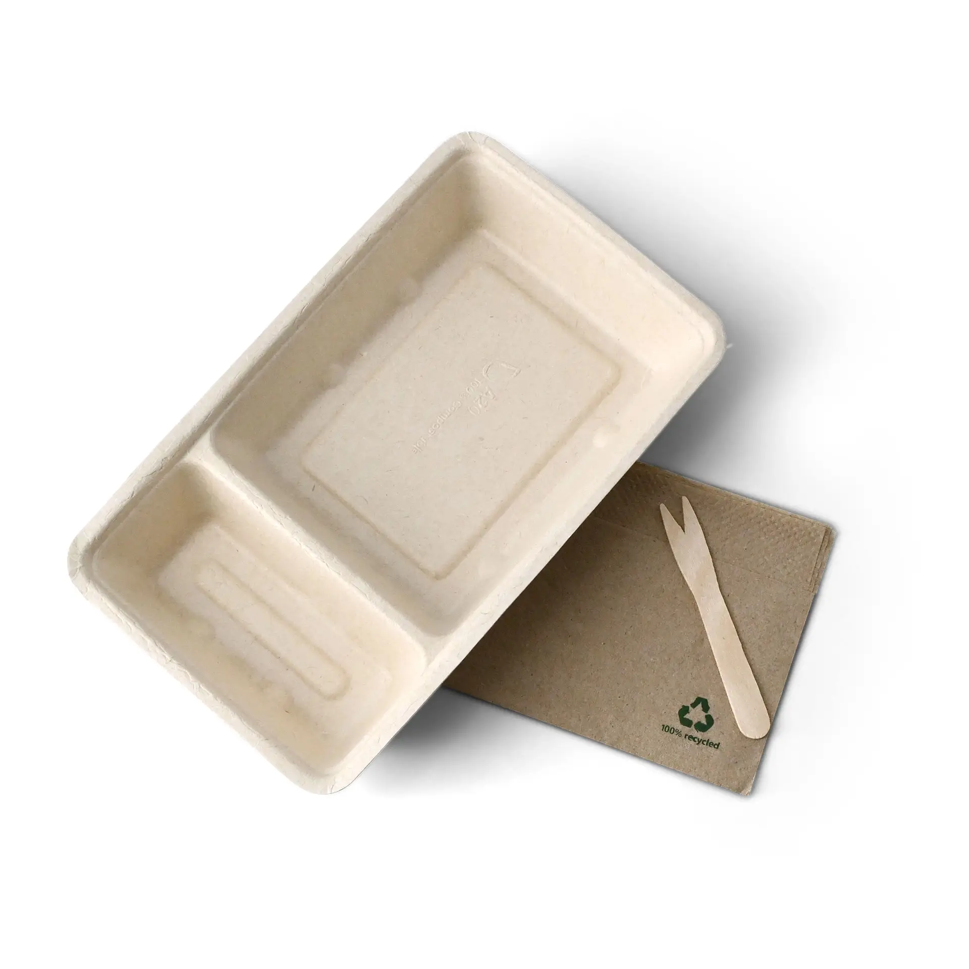 Barquette en bagasse pour frites, 2 compartiments, 12 x 20 x 3,5 cm