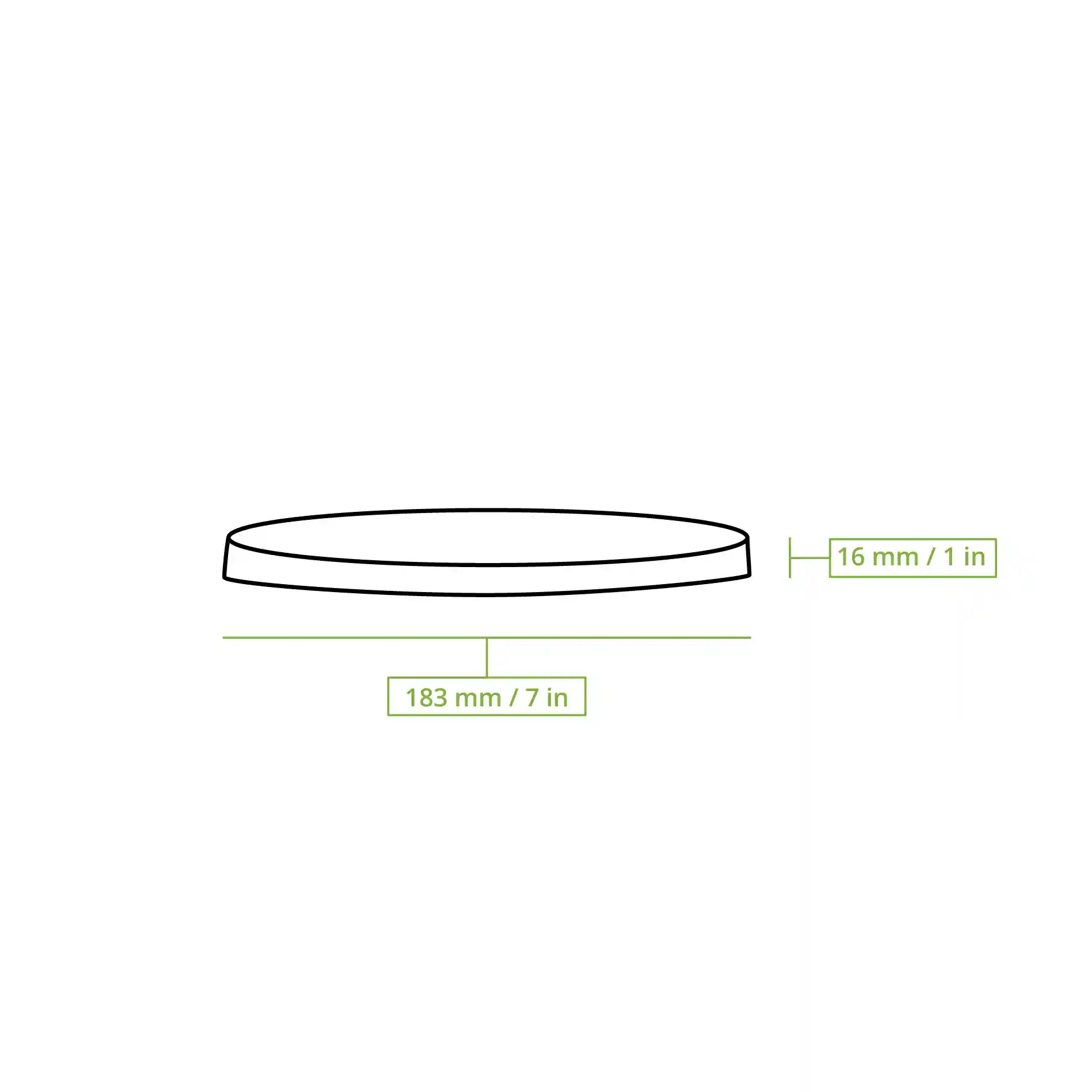 Disegno schematico di un coperchio rotondo, trasparente e riutilizzabile con un diametro di 183 mm e un'altezza di 16 mm.