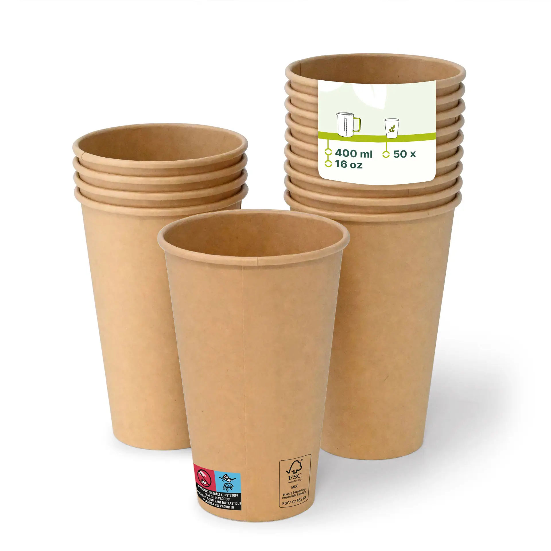 Bicchieri di carta marroni impilati, con un bicchiere davanti che mostra un'etichetta con capacità di 16 oz e 50 pezzi.