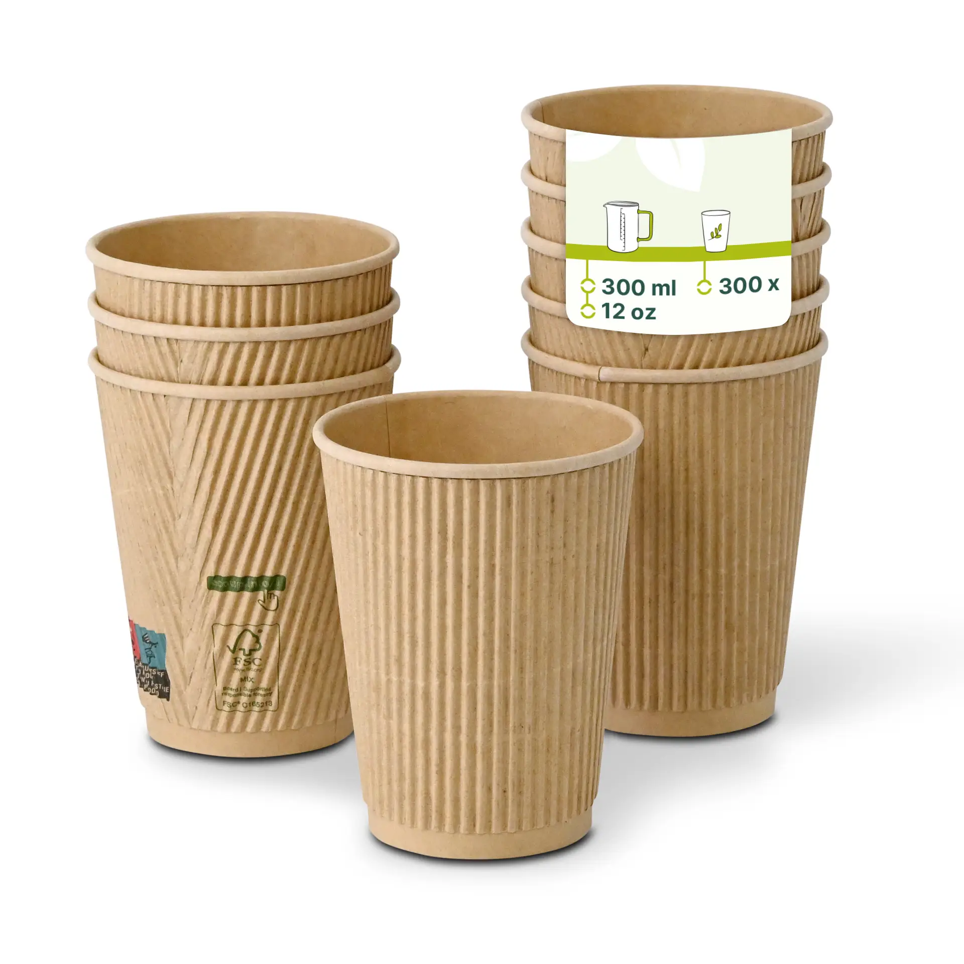 Riffelbecher / Kaffee to go Becher 300 ml / 12 oz, Ø 90 mm, braun, PLA-beschichtet