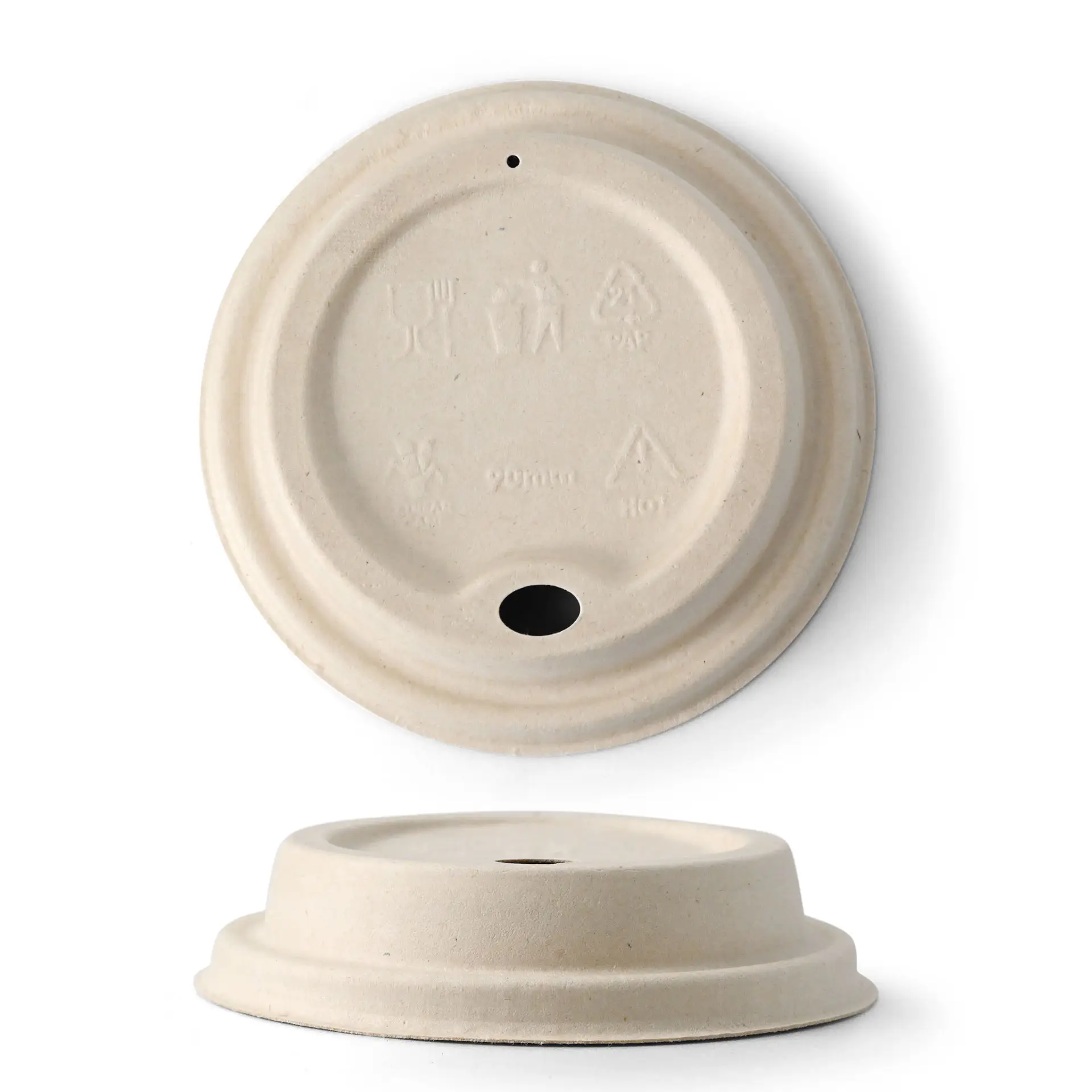 Zuckerrohrdeckel für Pappbecher, 90 mm Durchmesser, mit Trinköffnung, beige, geeignet für heiße und kalte Getränke.
