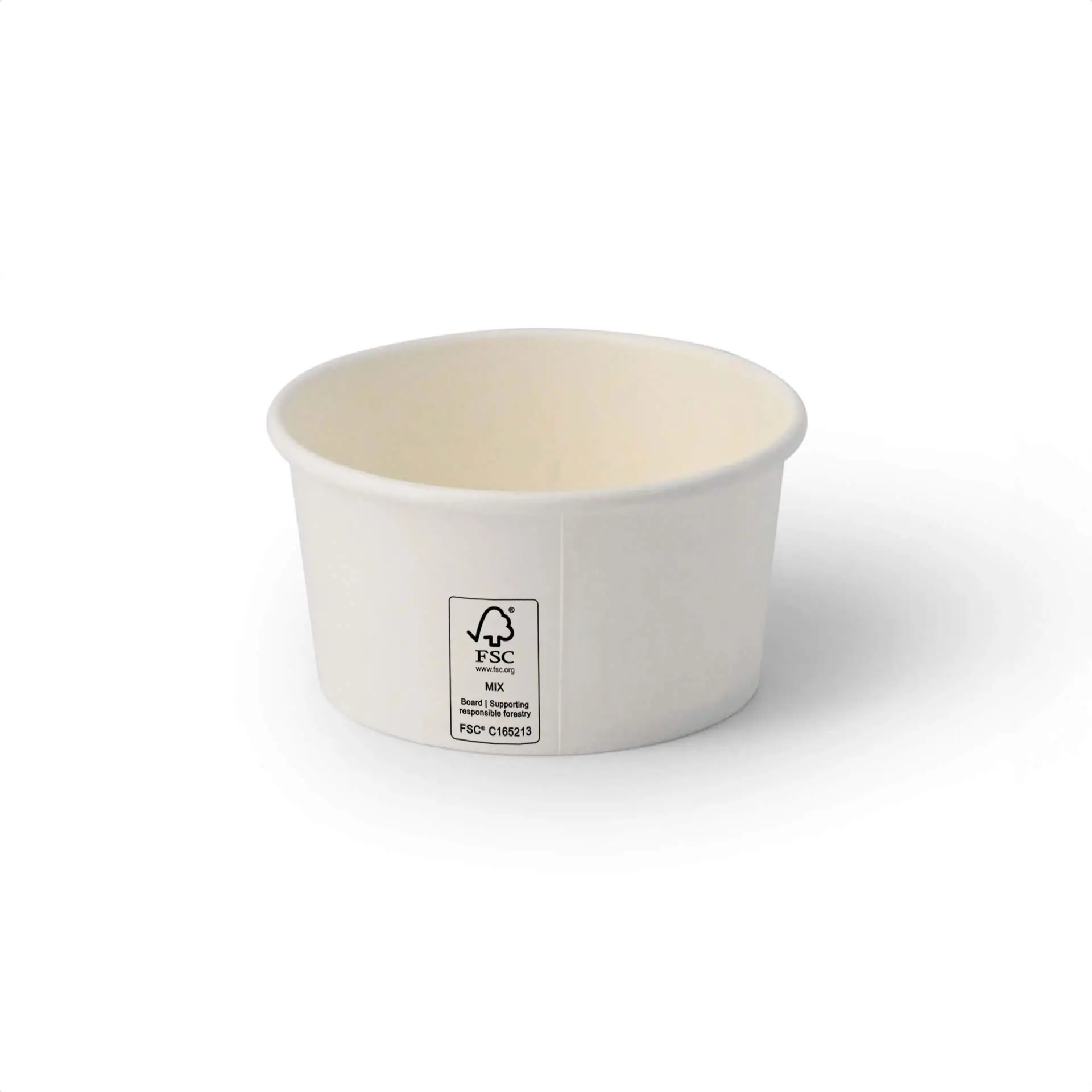 Coppetta per gelato bianca da 6 oz con rivestimento in PE, con etichetta FSC e branding 'Climate Safe 360'. Adatta per dessert da asporto.