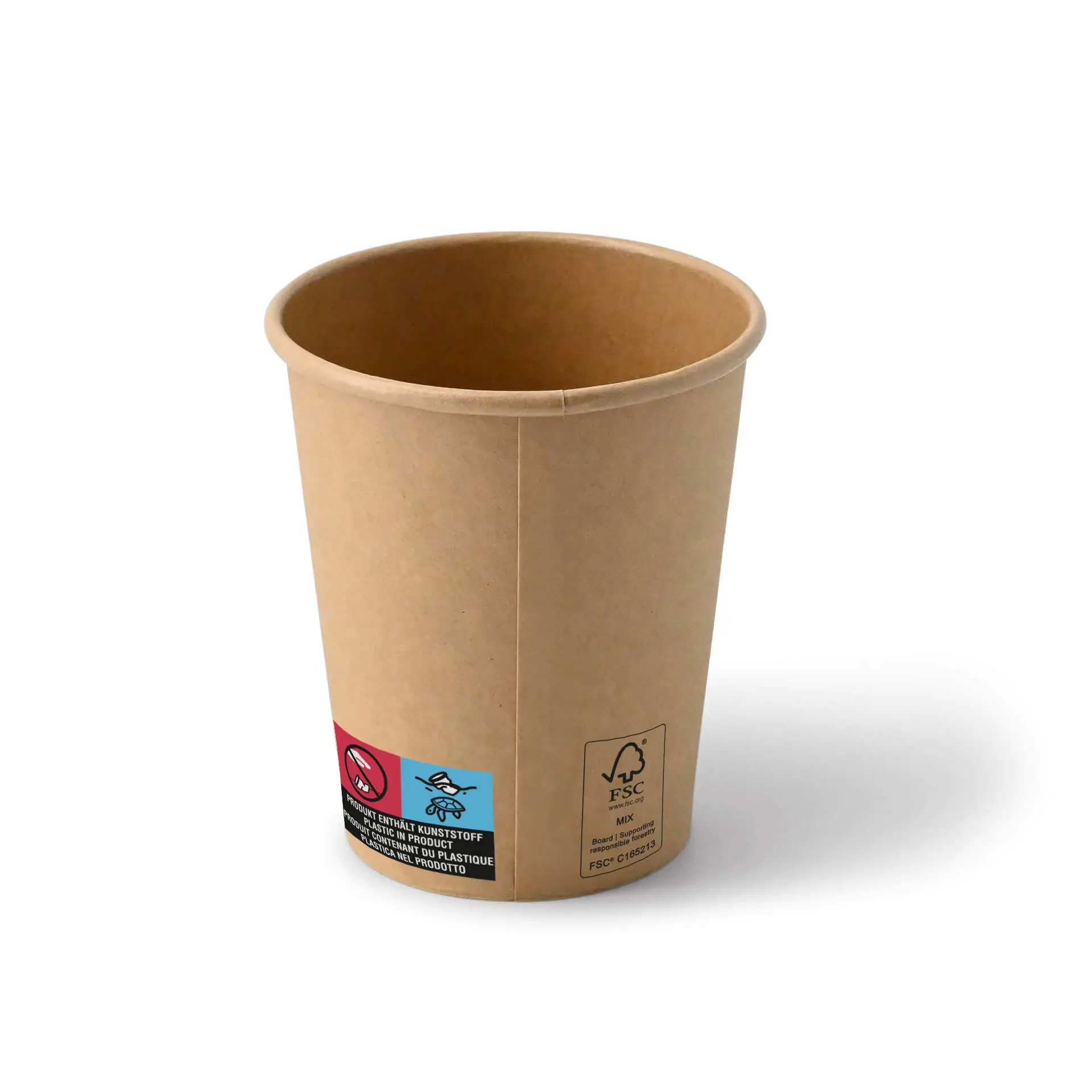 Bicchiere di carta marrone da 8 oz con ampia apertura e interni rivestiti in PE; presenta etichette di certificazione eco sul lato.