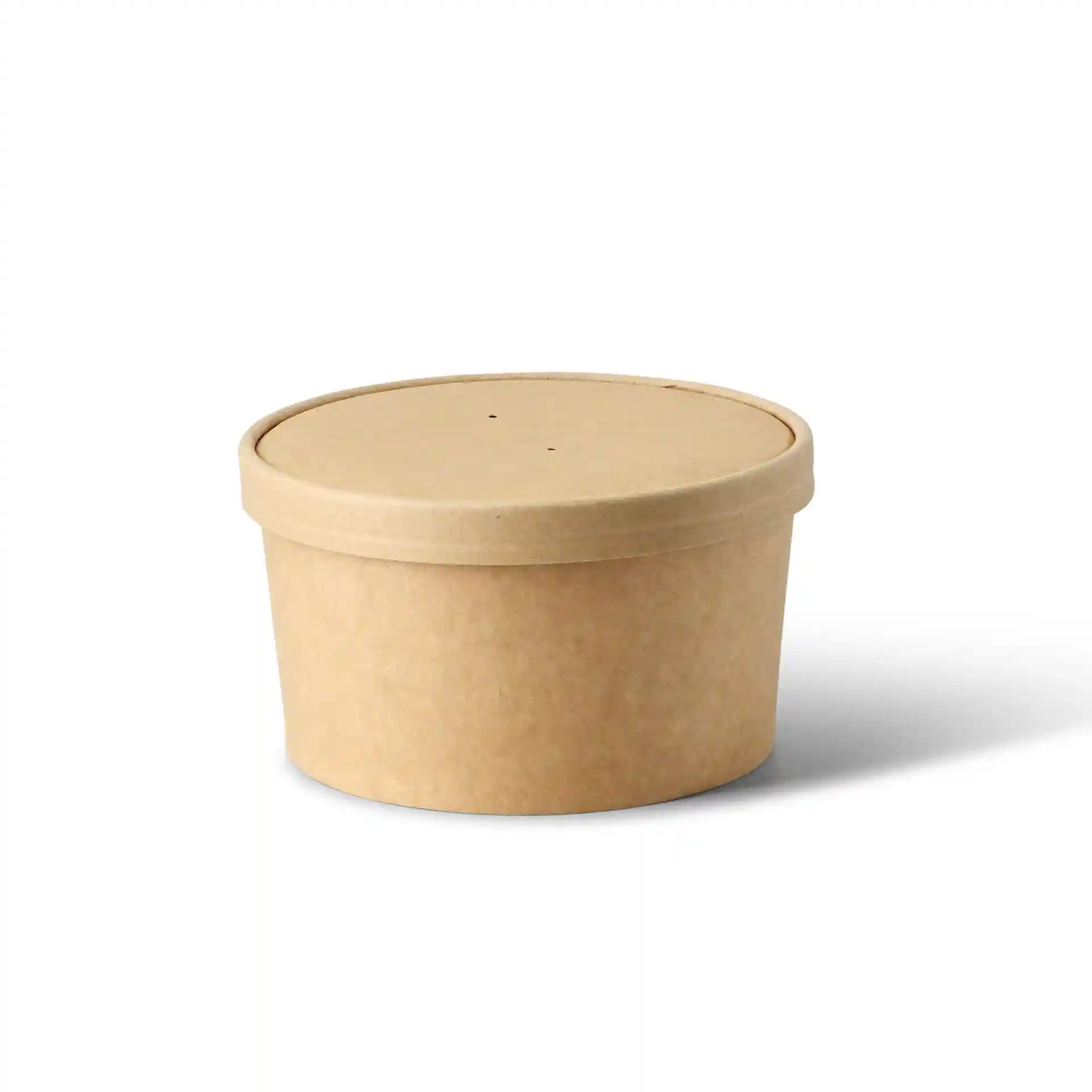 Contenitore rotondo in cartone marrone con coperchio, diametro 150 mm e altezza 17 mm.
