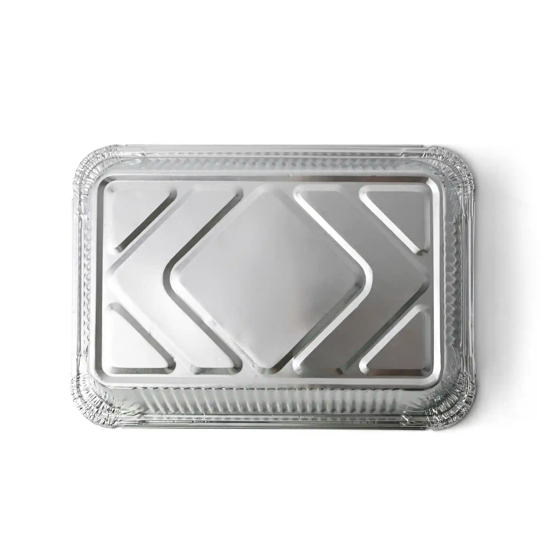 Rechteckiger Aluminiumbehälter mit den Maßen 21,4 x 14,9 x 4,3 cm, glänzende Oberfläche und gemustertes Design.