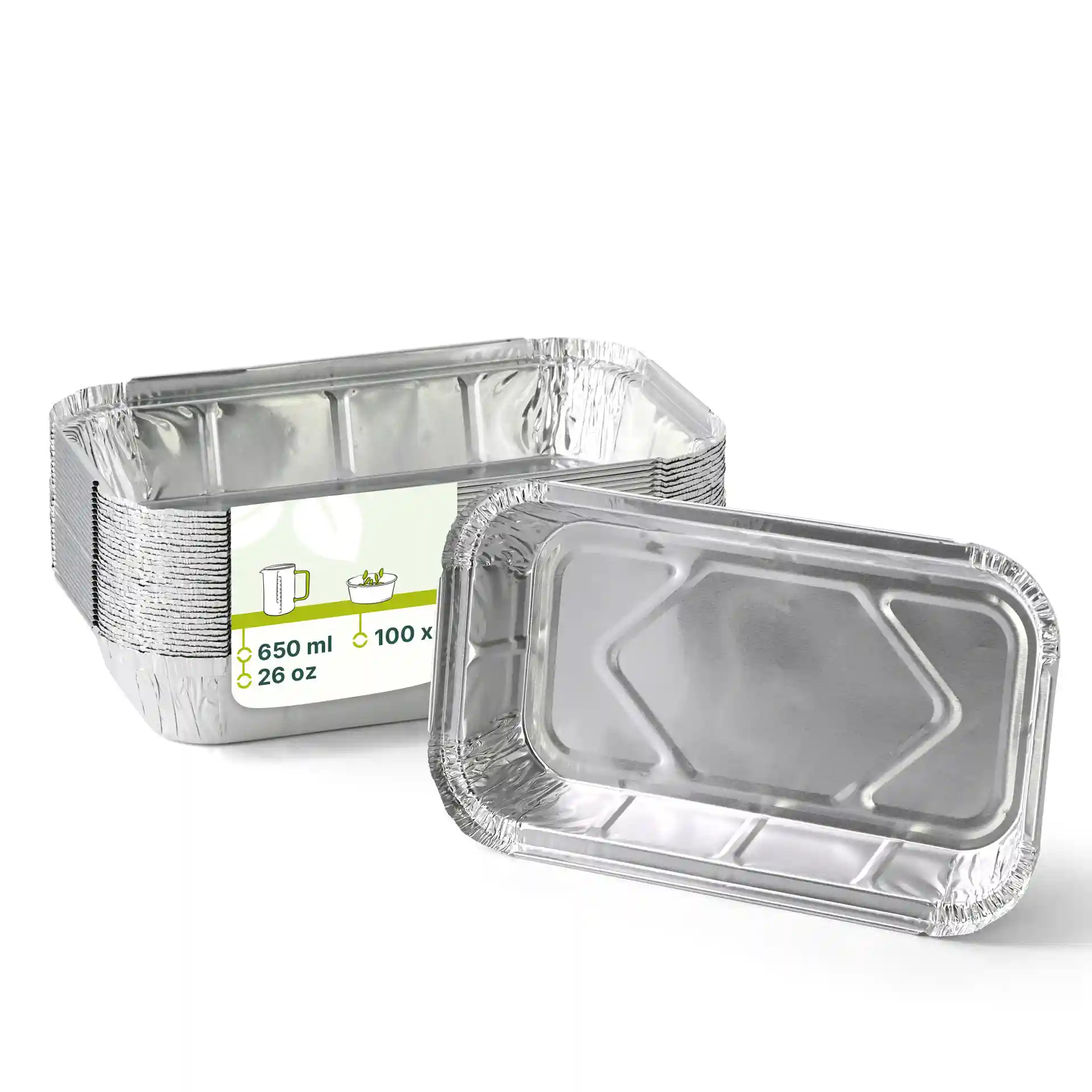 Rechteckige Aluminiumbehälter mit den Maßen 22,4 x 13,2 x 3,4 cm und einem Füllvolumen von 650 ml.