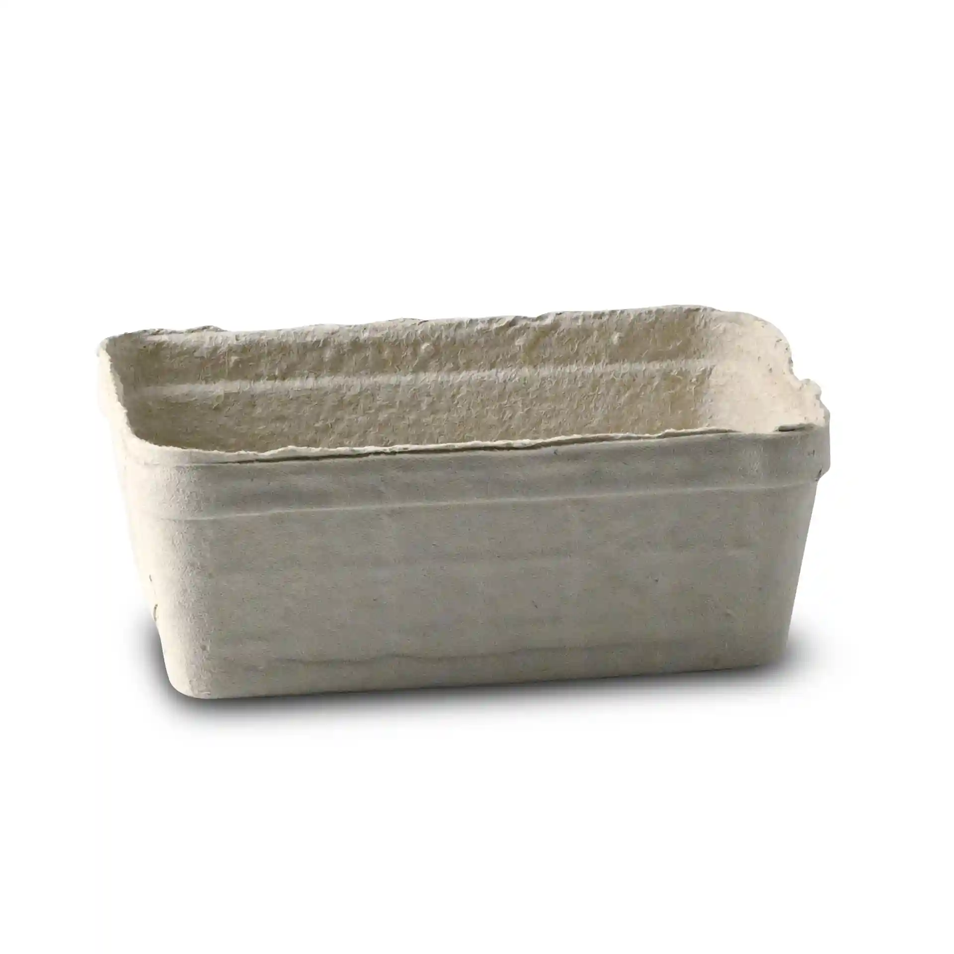 Barquette à baies en pulpe de bois blanc, forme rectangulaire, mesurant 135 mm de long, 90 mm de large et 50 mm de haut.