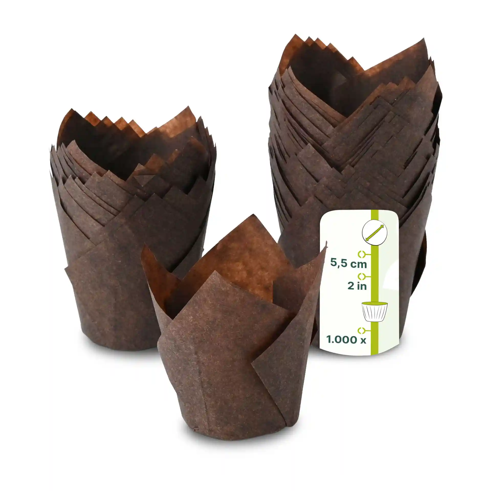 Cups à muffins en papier brun de 5,5 cm de hauteur et 5 cm de diamètre, empilés avec une étiquette indiquant les dimensions.