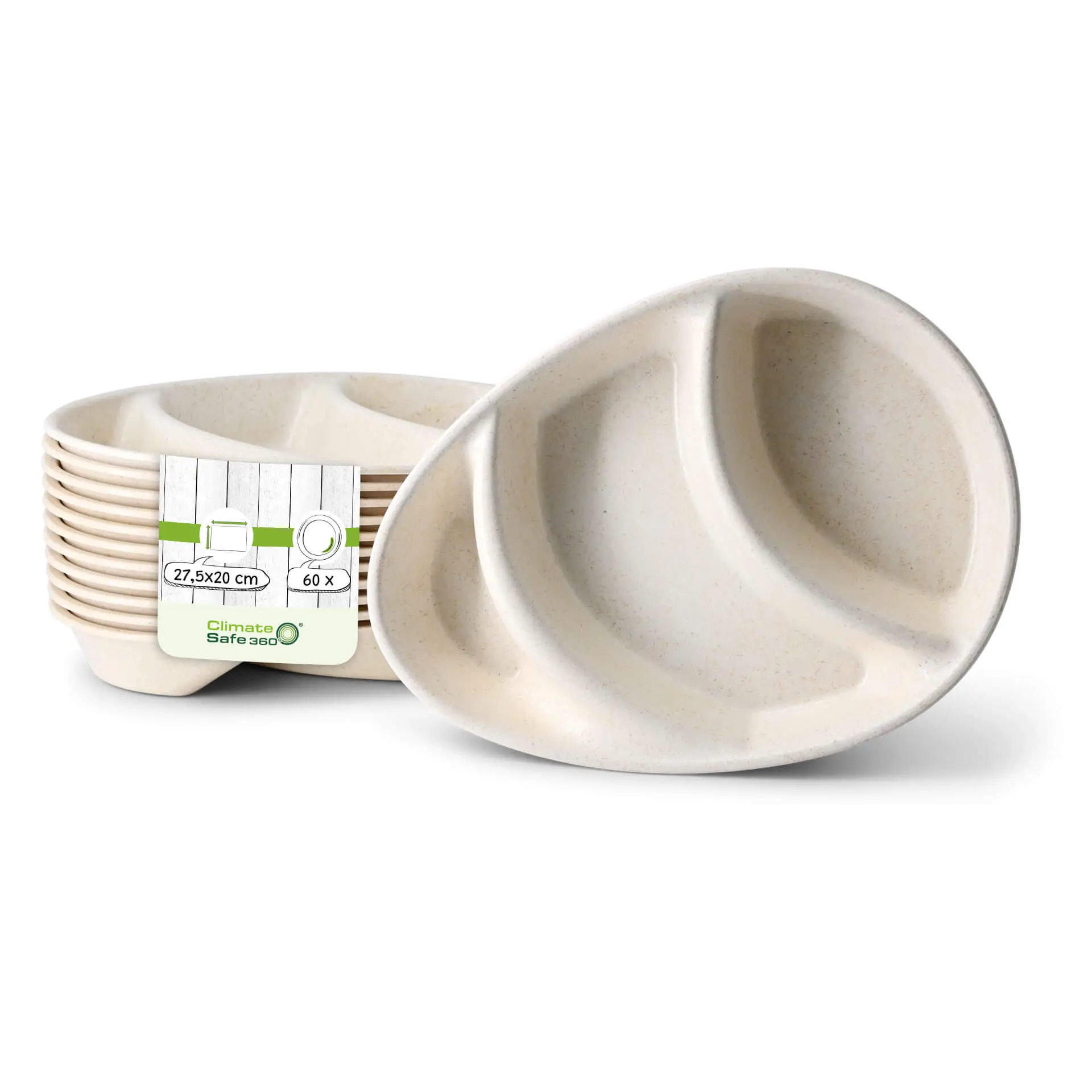 | 2 FÜR 1 | Mehrweg-Menü-Teller "merways Plate" 27,5 x 20 x 3,5 cm, 3 Kammern, tropfenförmig, Cashew / creme-weiss
