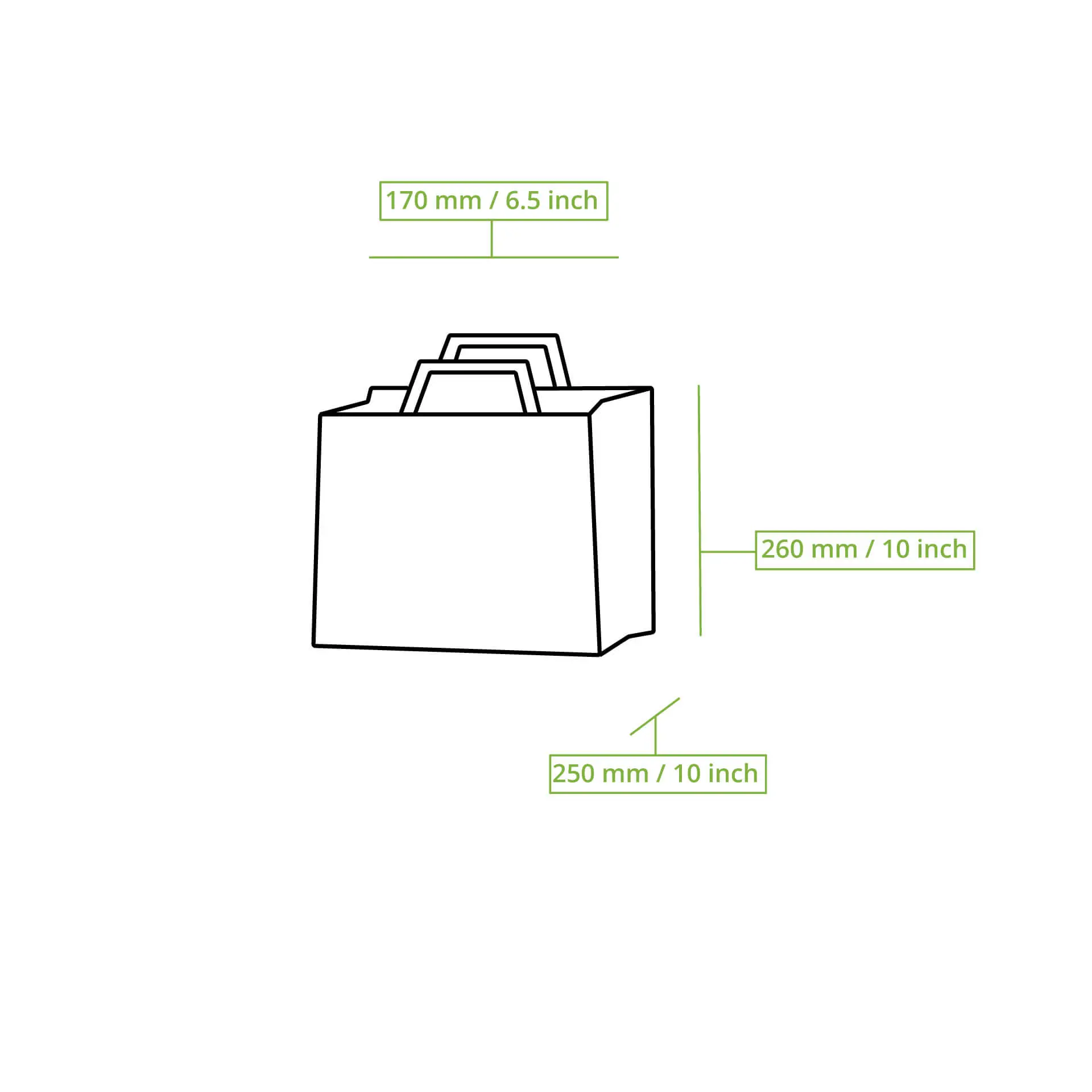 Schematische Zeichnung einer Papiertasche mit beschrifteten Abmessungen: 260 mm Länge, 170 mm Breite und 250 mm Höhe.