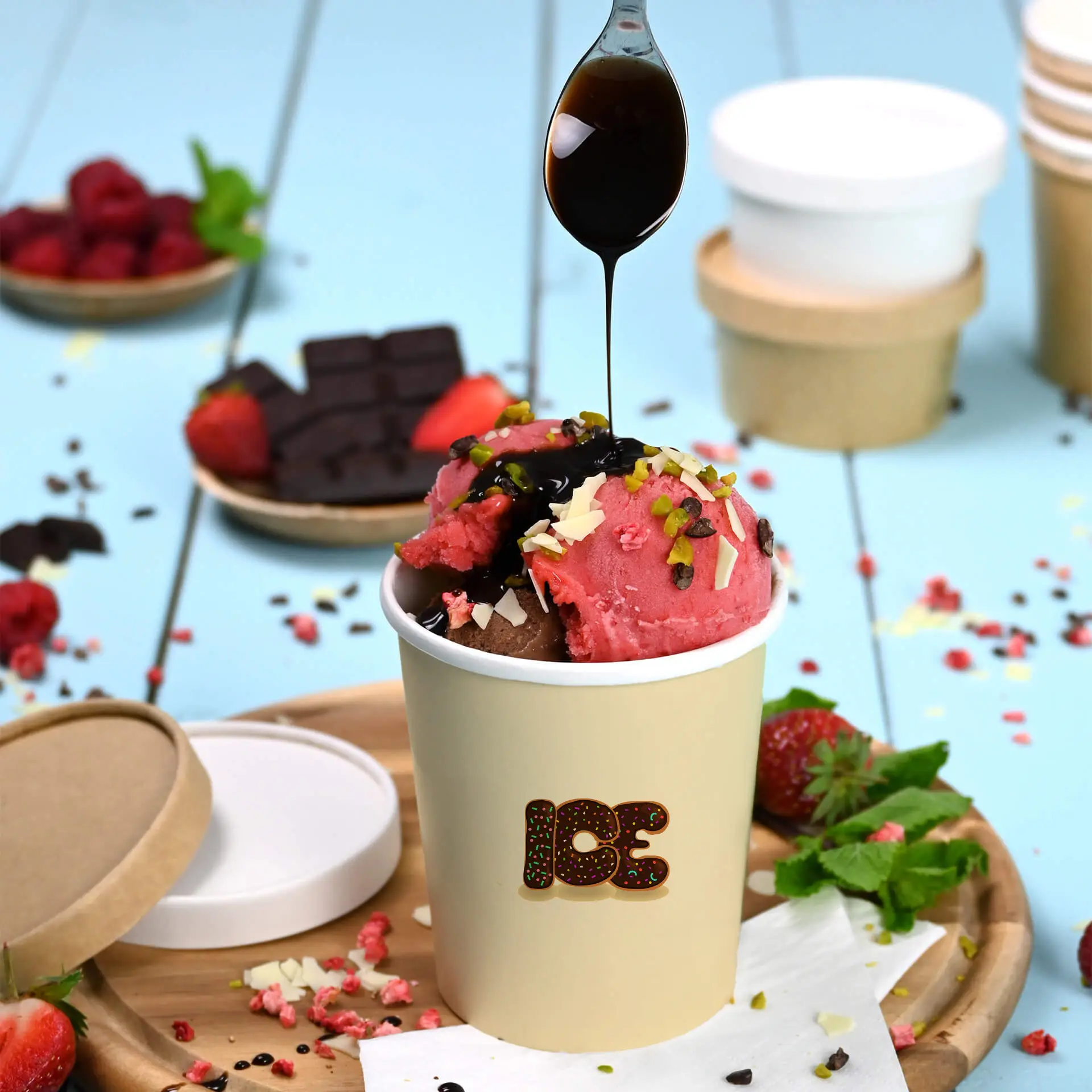 Eiskreismbecher gefüllt mit rosa und braunem Eis, dekoriert mit Streuseln und Sauce, mit einem Löffel, der Sauce tropft.