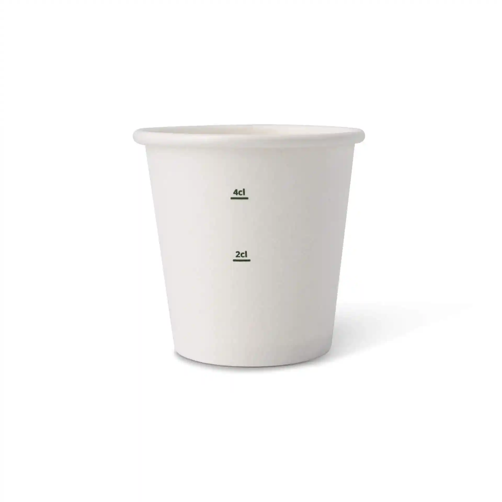 Bicchiere di carta bianco con segni di misurazione per 2 cl e 4 cl, forma rotonda, in cartone.