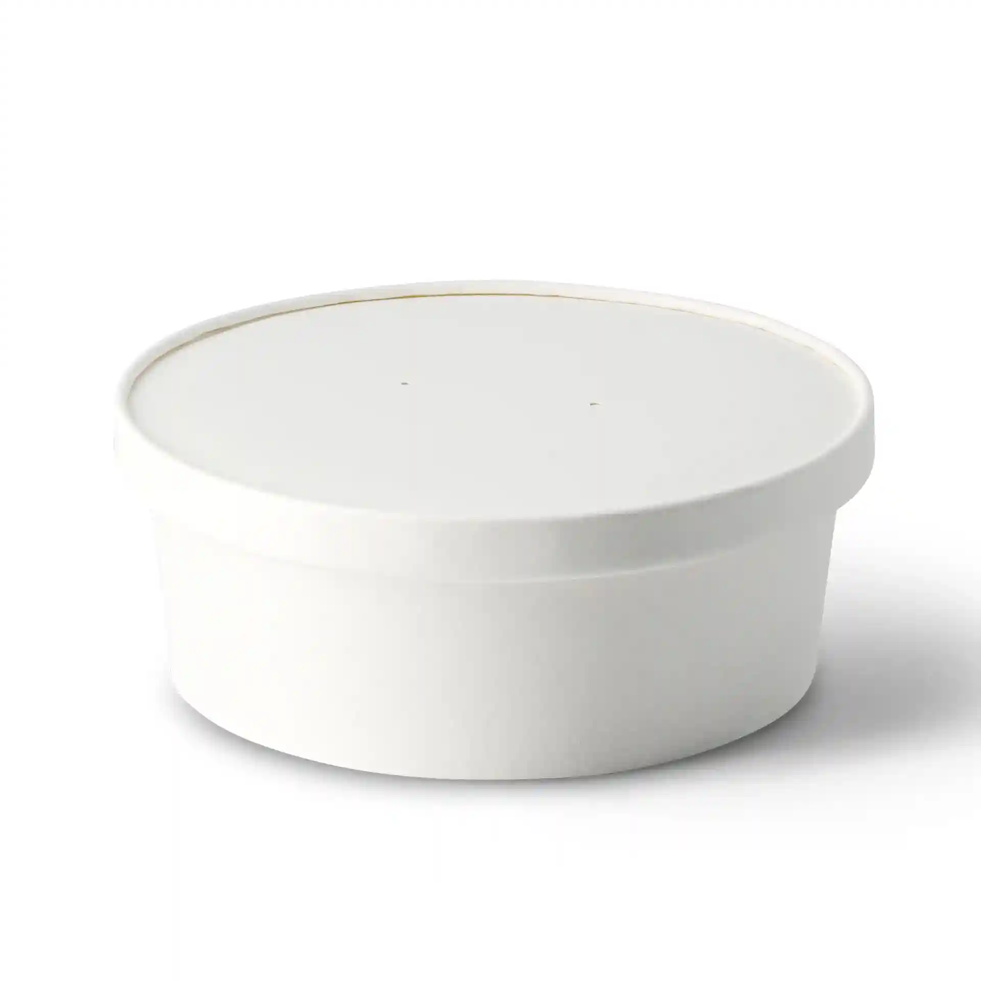 Couvercle rond en carton blanc avec membrane, diamètre 185 mm, hauteur 17 mm, conçu pour des bols en papier.