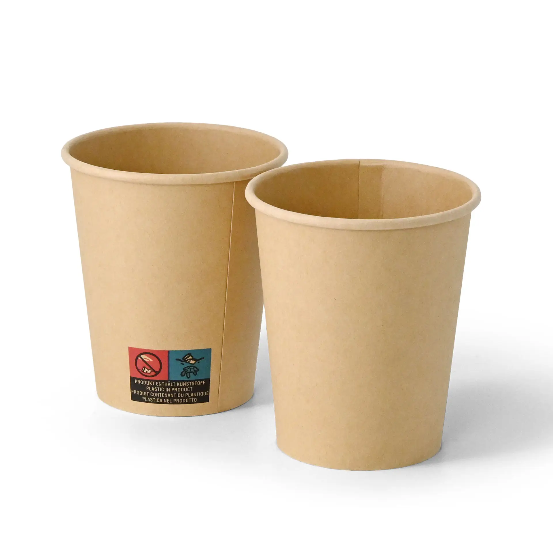 Gobelets en papier marron, capacité de 200 ml, diamètre de 80 mm, avec une étiquette et des symboles.